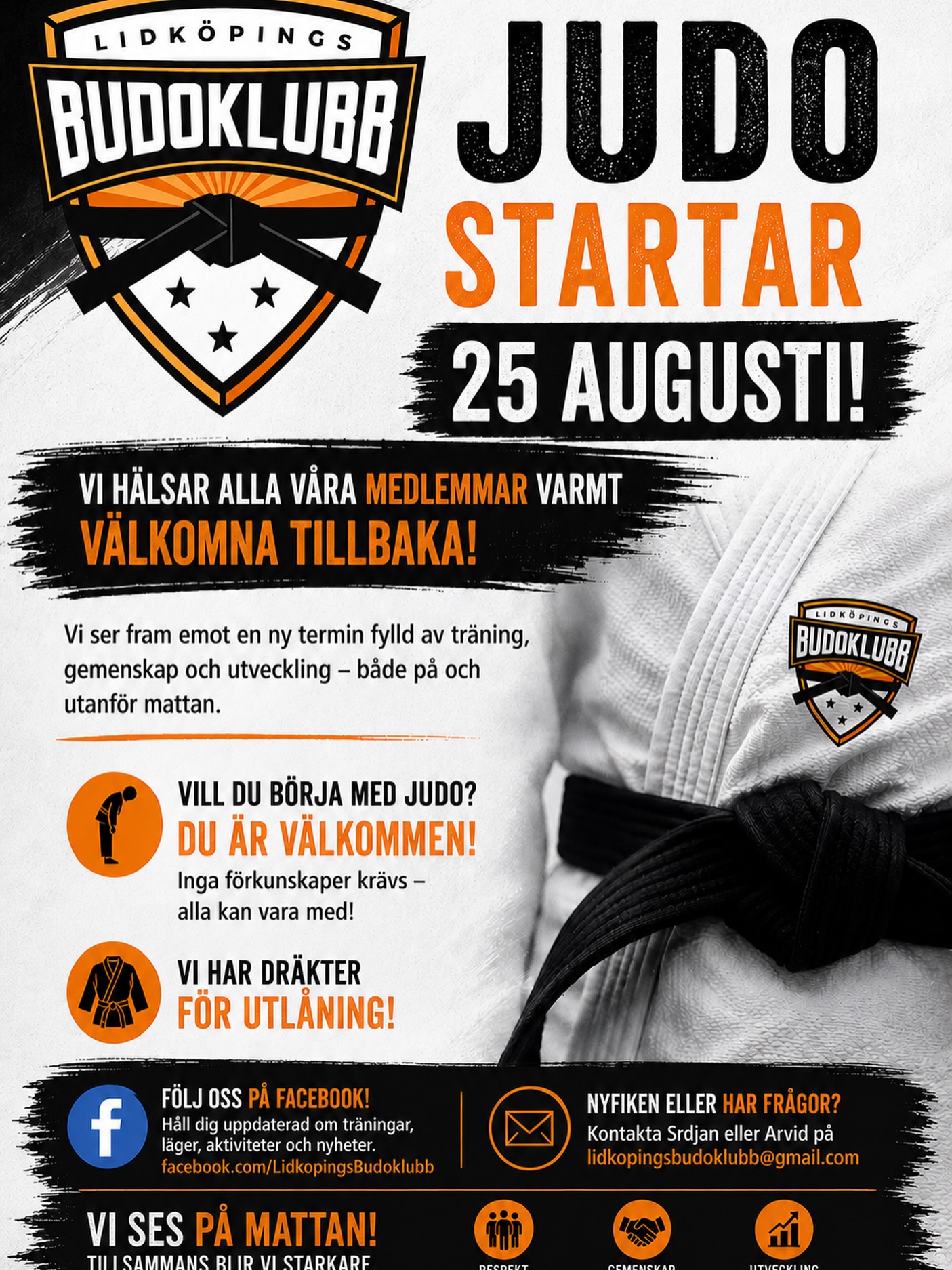 🥋 BYT SOFFAN MOT MATTAN! KOM OCH BÖRJA MED JUDO FÖR VUXNA I LIDKÖPINGS BUDOKLUBB! 🥋
Har du funderat på att komma igång med träningen igen? Vill du bli starkare, smidigare och få bättre kondition – utan att behöva stirra på samma löpband vecka efter vecka?
Då är judo för vuxna något för dig!
📅 Vi startar höstterminen den 25 augusti och välkomnar både nybörjare och tidigare utövare. Du behöver inte vara i toppform – det är därför du kommer till träningen! 😉
💪 Varför träna judo som vuxen eller senior?
✅ Träning för hela kroppen
✅ Förbättrar balans och koordination
✅ Ökar styrka, rörlighet och kondition
✅ Utmanar både kroppen och hjärnan
✅ Minskar stress och ger ny energi
✅ Fantastisk gemenskap och nya vänner
Judo är mycket mer än en kampsport. Det är en träningsform där du utvecklas i din egen takt och där respekt, samarbete och glädje står i centrum.
👨🦳👩🦳 Är du senior?
Då är du extra välkommen! Judo handlar inte om att vara ung eller extremt vältränad. Många uppskattar judons fokus på balans, kroppskontroll och rörelseglädje. Träningen anpassas efter individens förutsättningar och erfarenhet.
✨ Oavsett om du är 25, 45, 60 eller äldre är det aldrig för sent att börja med något nytt.
🥋 Kom som du är – vi hjälper dig att komma igång!
📍 Lidköpings Budoklubb
📅 Start 25 augusti
Välkommen till en klubb där gemenskap, hälsa och personlig utveckling går hand i hand. Vi ses på mattan! 💙💛
#LidköpingsBudoklubb #JudoFörAlla #Motionsträning #Seniorträning #TräningFörLivet Lidköping Budo KomIGång Hälsa Gemenskap 🥋💪