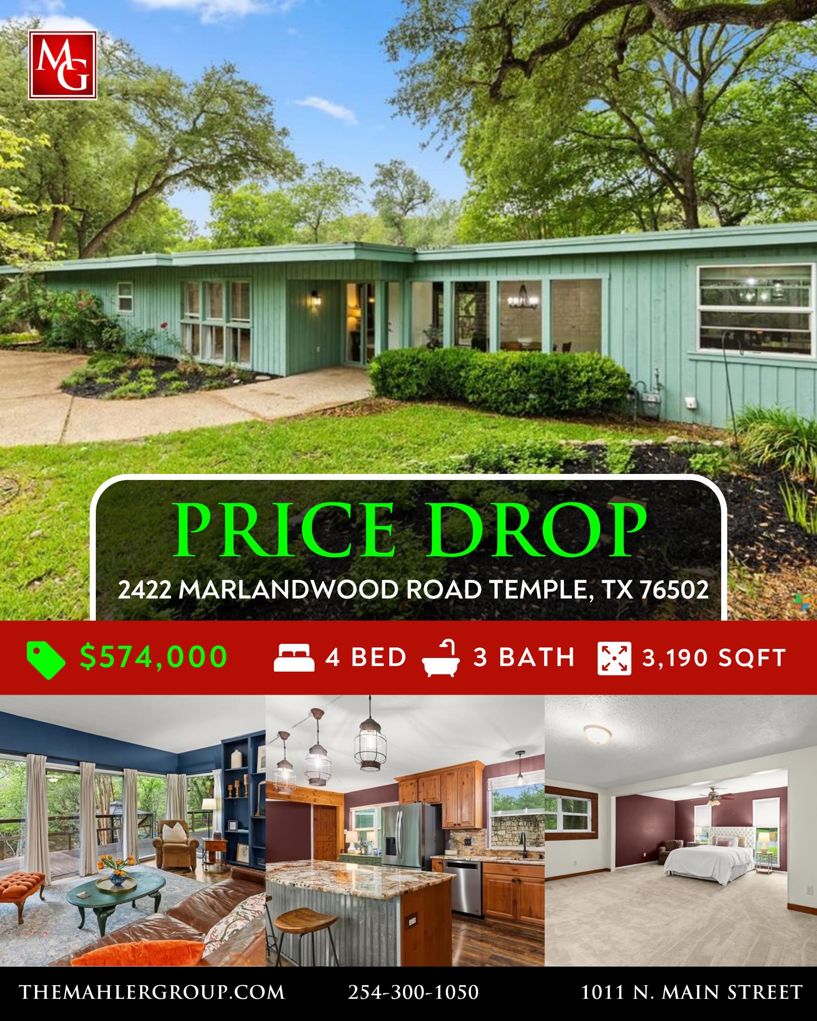 PRICE IMPROVEMENT!
2422 Marlandwood Road Temple, TX 76502
4 Bed/3 Bath 3,190 Sqft
$574,000
A MIDCENTURY MODERN BEAUTY ON NEARLY 1 ACRE ALONG TEMPLE’S BIRD CREEK! Now is your chance to see behind the meandering stone walls & discover an enchanting private courtyard that frames this unique 4-bedroom, 3-bath home. Designed to bring the outdoors in, the home features expansive floor-to-ceiling windows throughout, framing peaceful views from multiple living and dining areas. Inside, you’ll find two spacious living rooms, flexible dining spaces, and an inviting kitchen complete with granite countertops, stainless steel appliances, an updated refrigerator and dishwasher, gas range, and a generous prep-and-serving island with bar-top seating. Beautiful ash wood cabinetry adds warmth, texture, and timeless appeal. The split-bedroom layout offers two spacious primary suites, each with its own ensuite bath. One primary suite includes a private study, while the second offers direct access to the back deck overlooking the creek. The secondary bedrooms are generously sized and feature walk-in closets, along with access to an ensuite Jack-and-Jill bath. Outdoor living is where this property truly shines. Several decks and entertaining areas overlook the wooded backyard and creek, creating an ideal setting for relaxing or gathering with family and friends. Just in time for summer, the large in-ground pool features a diving board, while the expansive backyard offers plenty of room to explore, play, and enjoy the natural surroundings. Wildlife is often spotted near the creek, adding to the peaceful, tucked-away feel of this one-of-a-kind property. Conveniently located just minutes from medical facilities, grocery stores, restaurants, and shopping, this home offers the best of both worlds: a rare connection to nature right in the heart of town!