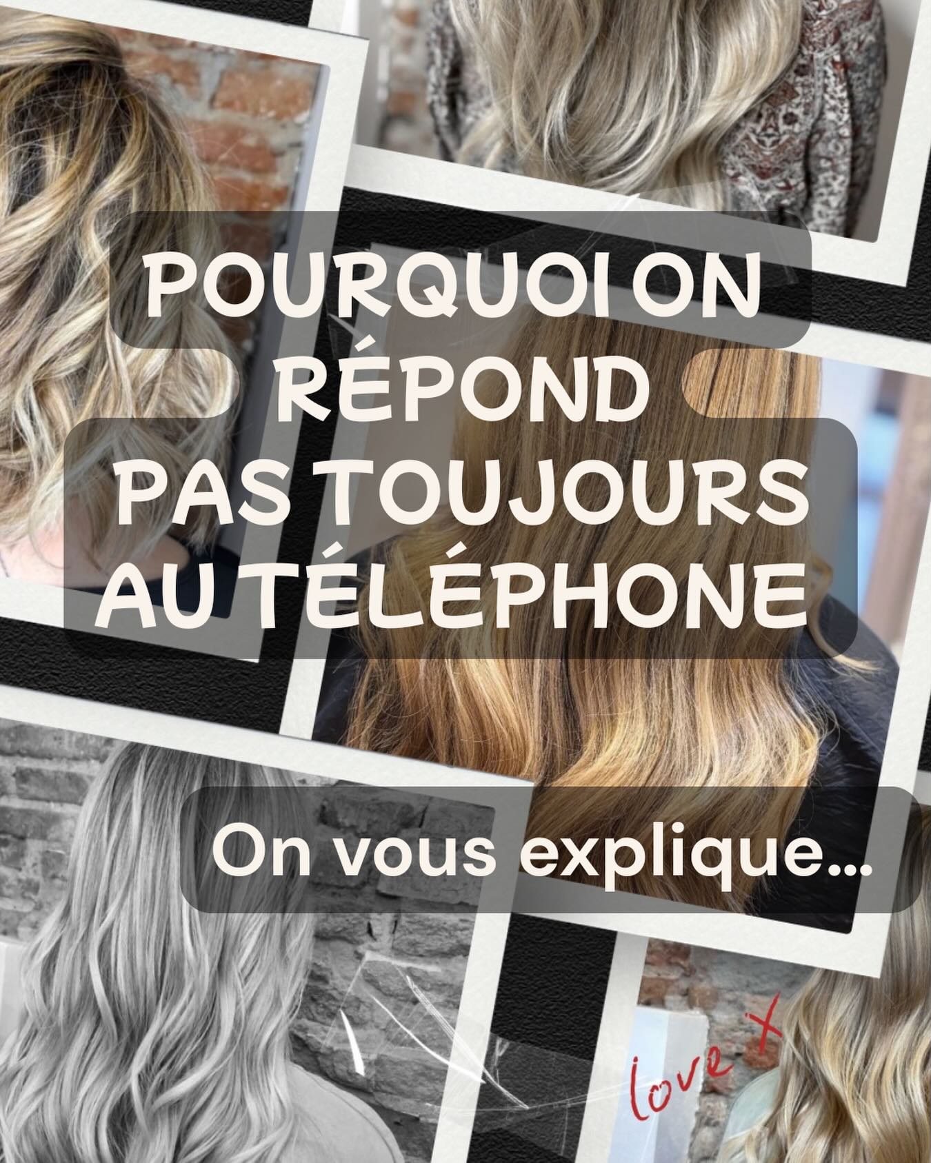 SI ON RÉPOND PAS TOUJOURS AU TÉLÉPHONE... 💛
On préfère vous l’expliquer.
Quand tu nous appelles
et qu’on décroche pas,
c’est jamais contre toi.
C’est juste qu’à ce moment-là,
on a les mains dans les cheveux
de quelqu’un d’autre.
Et s’arrêter en plein milieu d’une couleur,
d’une coupe ou d’un brushing,
plusieurs fois,
pour répondre au téléphone...
C’est pas respectueux
pour la personne installée dans le fauteuil.
Cette personne,
elle a réservé son moment.
Elle mérite toute notre attention.
Comme TOI quand tu es dans le fauteuil 💛
ALORS COMMENT FAIRE ?
→ Pour réserver ton rdv habituel :
Direction Planity, en ligne, 24h/24.
Simple, rapide, et tu choisis ton créneau.
→ Le téléphone, on le garde pour :
Les nouveaux clients.
Les diagnostics couleur.
Les questions qui ont besoin d’un vrai échange.
Comme ça, on limite les appels,
on bosse dans de bonnes conditions,
et surtout :
On reste pleinement avec la personne
qu’on a en face de nous 💛
Merci de votre compréhension
et de faire partie de cette belle aventure 🙏
réservation en ligne Planity rdv coiffeur organisation salon L’Atelier de Maud Toulouse qualité de service
