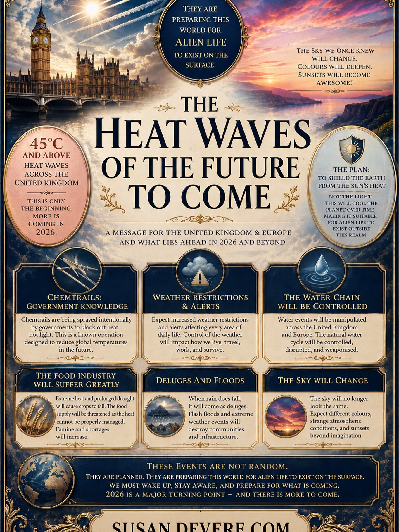 THE HEAT WAVES OF THE FUTURE TO COME
For over 60 years I have dedicated my life to exploring the hidden aspects of our reality, asking the questions many are afraid to ask.
The years ahead will challenge everything we have believed about our world.
Will the United Kingdom experience temperatures of 45°C and beyond as a new normal? What effects could prolonged heat have on our food, water, weather systems, and daily lives?
This image presents my perspective on the changes I believe are approaching and the questions I believe humanity should be asking now—not when it is too late.
The future WILL BRING …
• Extreme and prolonged heatwaves.
• Increasing pressure on food production and water supplies.
• More frequent droughts followed by intense flooding.
• Changes in the appearance of our skies and sunsets.
• Greater weather alerts and restrictions affecting everyday life.
Whether you agree or disagree, the most important thing is to remain observant, question everything, and think for yourself.
The greatest discoveries begin with those willing to ask difficult questions.
🌐 SusanDevere.comInstagram hashtags:
#SusanDevere #HeatWaves #FutureForecast #UnitedKingdom #ClimateDiscussion WeatherChanges ExtremeWeather TruthSeeker QuestionEverything HiddenKnowledge FutureEvents SpiritualAwakening Consciousness EarthChanges WeatherWatch AlternativeThinking GlobalChanges AwakenHumanity OpenYourMind BeyondTheVeil HigherConsciousness SpiritualJourney TruthMatters 2026 FuturePredictions ThinkForYourself MysteriesOfLife RealityQuestioned NewPerspectives InstagramCreator