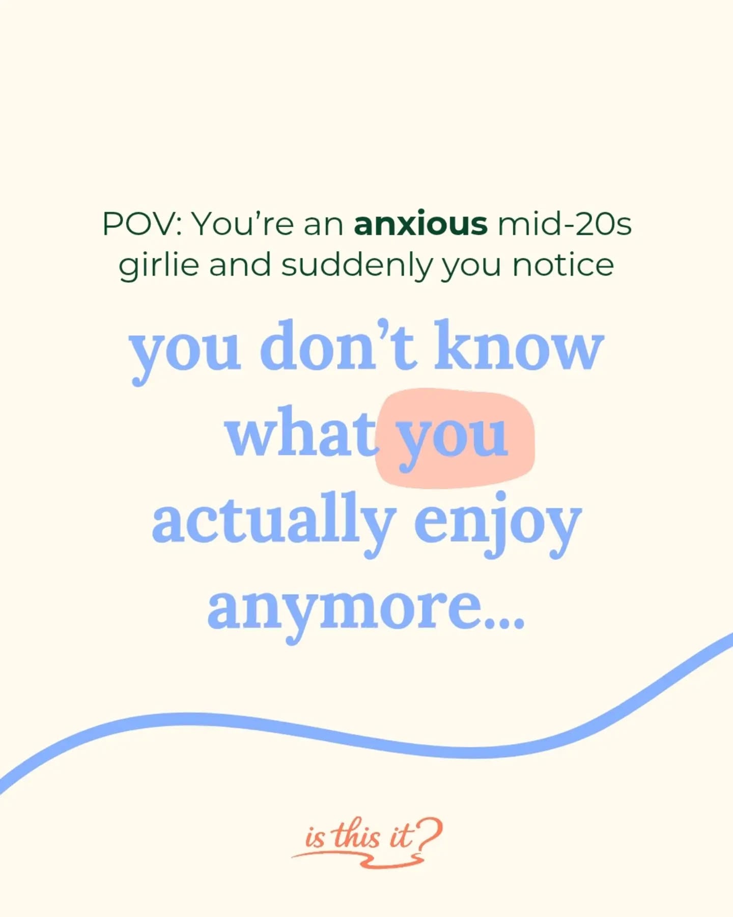 You’ve lost sense of what you actually enjoy, and it’s causing you anxiety - let’s talk about it 🫶
Firstly, you’re not the only one. This identity panic is something I see all the time whilst working with people in their 20s and 30s.
But let’s break it down a little: Identity is often about choices that are rooted in feelings. For example, you feel good when you bake something. This feeling then drives you to bake more frequently - therefore baking becomes part of your identity🧁
In your early 20s you started to move away from making decisions based on feelings. Instead it became about identifying the most practical or sensible choice.
Years have past and you’re now feeling lost and uncertain about who you really are.
But in therapy you can start to discover what this means. Together we consider where you lost yourself and what actually matters to you!
You build confidence, feel clearer about your choices, and begin to define what you truly want for the future 🔮
Ever thought about starting therapy for anxiety? What about this weird in-between phase of life where you feel simultaneously stuck and adrift?
I work with clients just like you 👋 I’m Miriam, a therapist specialised in anxiety, identity and life transitions. Click the link in my bio to see how we can work together!
Follow @therapy_isthisit
.
.
#therapyforanxiety #quarterlifecrisis #anxietytherapy #feelinglost #whatdoIwant
