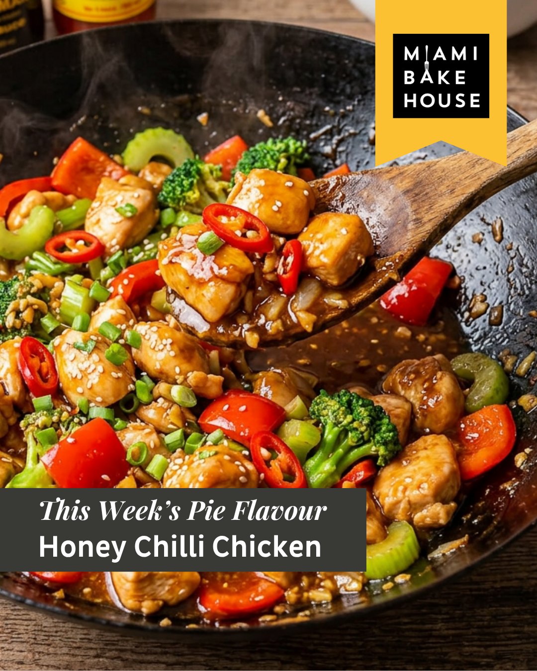 This week's pie of the week is inspired by the bold, sticky-sweet street food flavours of South-East Asia, where honey and chilli sit hand in hand.
Our Honey Chilli Chicken Pie is sweet, spicy and bursting with flavour! Made with tender diced chicken breast stir-fried with onions, garlic and ginger for a fragrant base, then brought together with a bold blend of Kikkoman soy sauce, Lingham's chilli sauce and a drizzle of honey for the perfect balance of sweet and spicy. Fresh red capsicum, celery, broccoli and chilli add vibrant colour and crunch, all finished in a smooth, spiced gravy. Delicately wrapped in our signature flaky puff pastry.
Hurry down to your local Miami Bakehouse before Monday the 6th of July to get your hands on the Honey Chilli Chicken Pie today.
https://www.miamibakehouse.com.au/pies
#Pieoftheweek #Miamibakehouse #Awardwinningbakery #Awardwinningpies #Bakingthingsbetter #Handmadepastry #Honeychillichickenpie