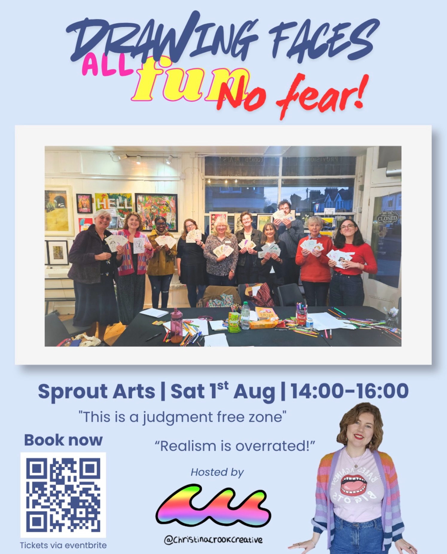 Saturday 1st August - All fun, No Fear Portrait Drawing with Christina Crook 2pm - 4pm
Join artist @ChristinaCrookCreative for a fun and playful afternoon of portrait drawing. This workshop is a judgement free zone and is about connecting to the joy of drawing and drawing lots! The session will include warmups to get you out of your head and into your drawing, followed by everyone getting a chance to pose while the group draws you.
Paper and some pens will be provided but please bring along your favourite pens and pencils - lots of colour recommended.
All abilities welcome – let’s get drawing!
Cost: £8.30 (includes booking fee). Link in bio to book @christinacrookcreative