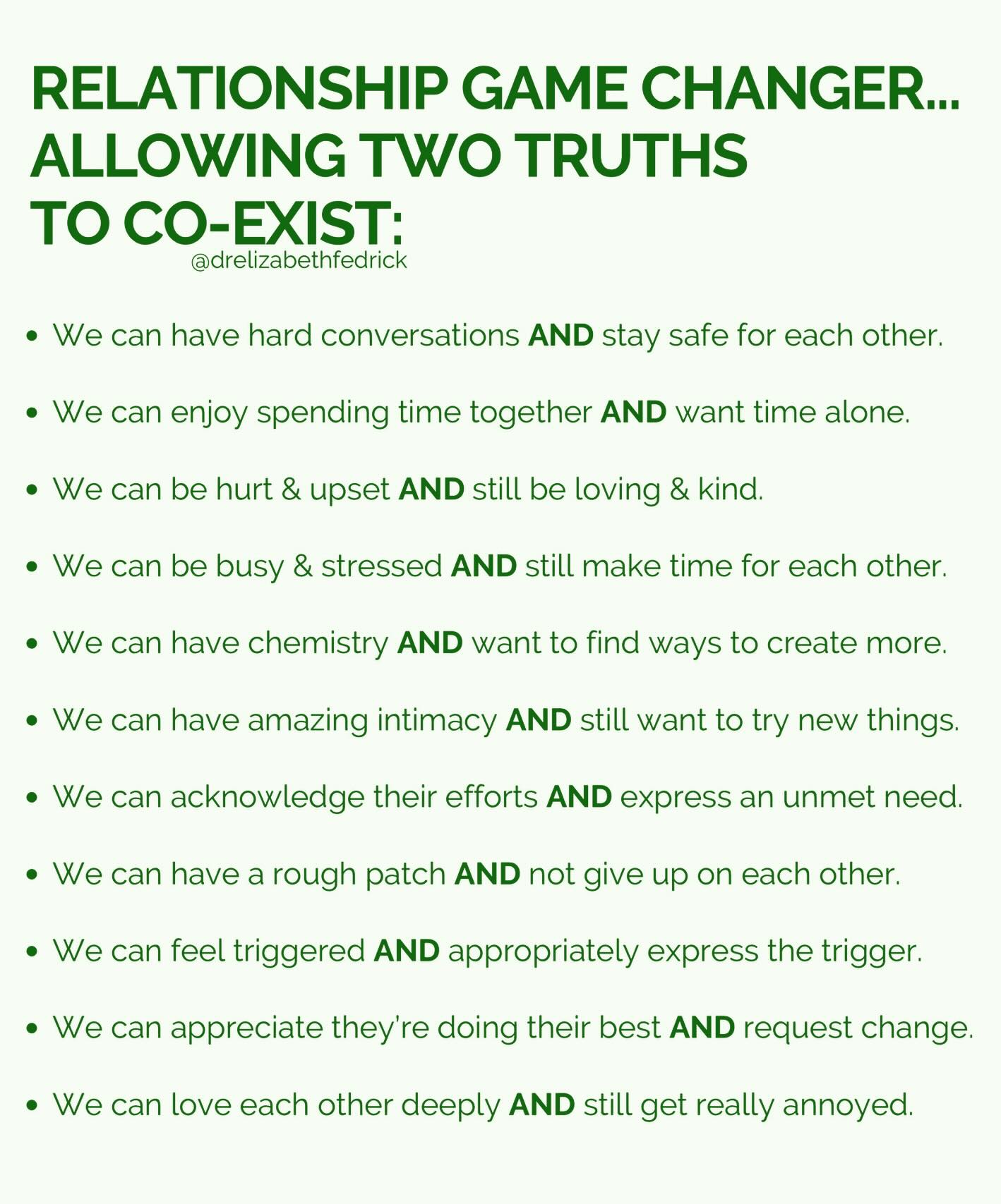 Two truths CAN exist at the same time.
@drelizabethfedrick image
#sanantoniocounselor #relationships #thevinewellnessgroup #couplestherapy #marriagetherapy