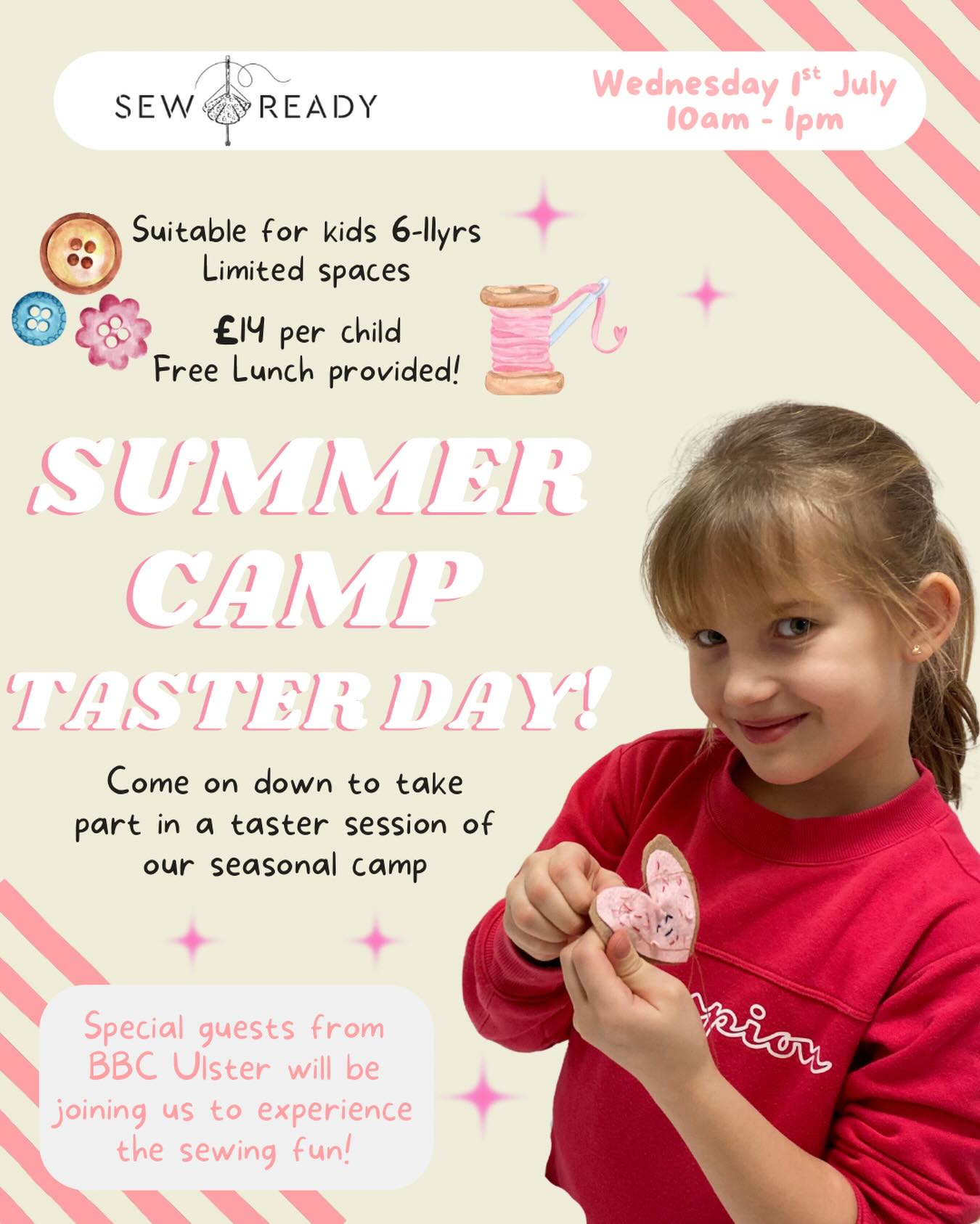 Ever wondered what summer camp is really like but haven’t been just as yet…well we’ve got a taster day coming up next Wednesday.
The day will run exactly the same as summer camp giving you a preview of what to expect. There will be fun games and lots of sewing and even some pizza on the go!
So if you’re thinking of coming along this summer and haven’t quite booked in yet, now’s your chance 🤩
Wednesday 1st July
10am - 1pm
£14 per child
Link to book: https://app.classmanager.com/portal/sew-ready/enrolment/classes/summer-camp-taster-day
- - -
#sewreadycamp #sewingschool #summerishere