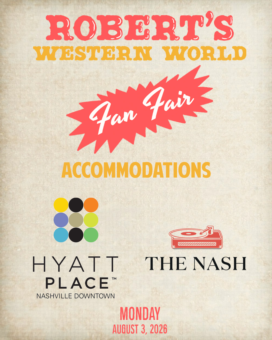 Okay, folks, we are happy to announce that our friends at @hyattplace and @thenashhotel have blocked off some rooms and provided special rates to accommodate those that are traveling in for Fan Fair. Both of these great hotels are right in the heart of downtown and around the corner from all the action. The discounted rates are good until EOD on July 28th. Hit the link below or in the bio and get in on the great deal. And YES we are just about to announce our lineup.
www.robertswesternworld.com/fan-fair
#robertswesternworld #fanfair #2026 #blockparty #hyattplace #thenashhotel
