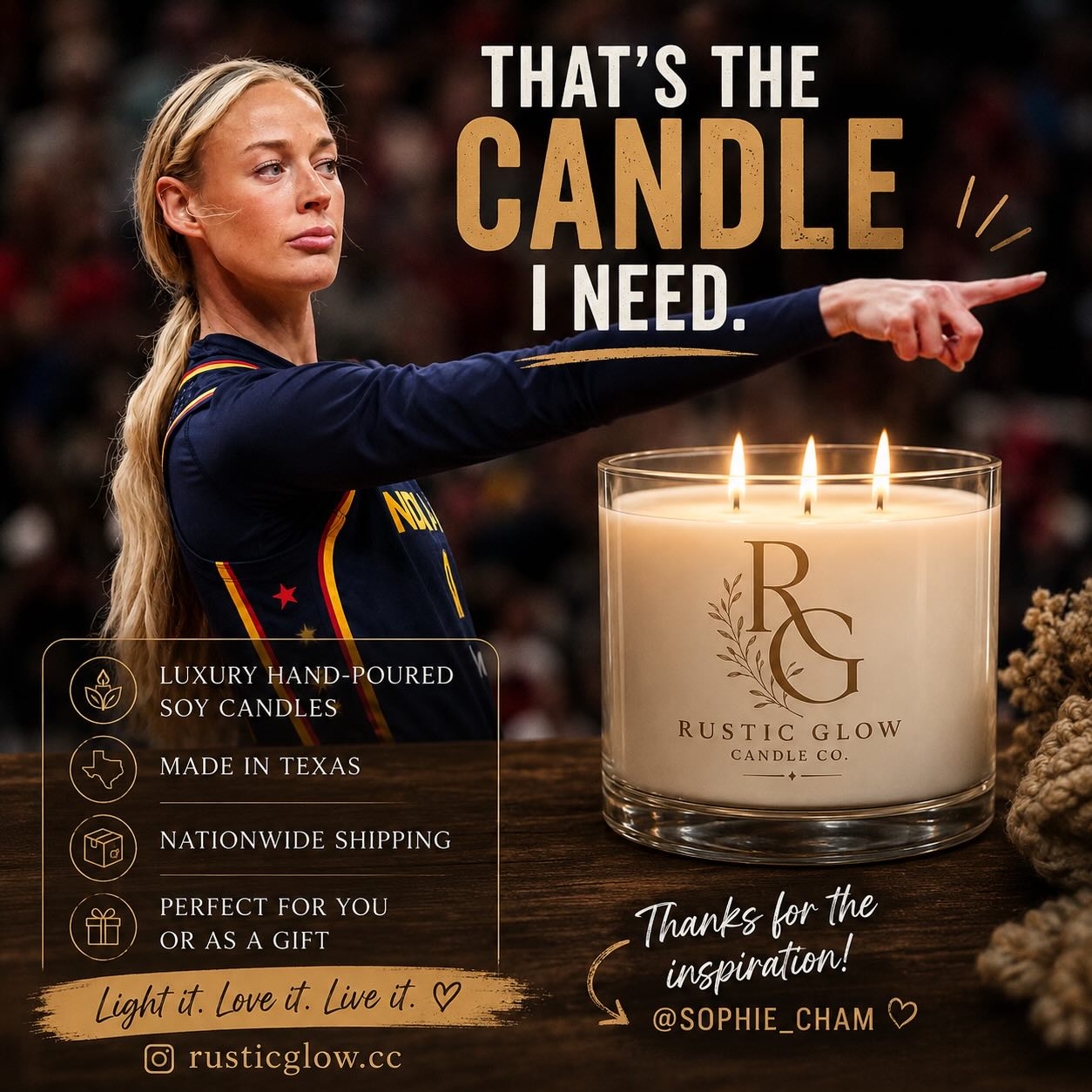 When the timeline asks what candle everyone’s talking about... 👀
Hand-poured with 100% soy wax, premium fragrance oils, and made right here in Texas—because one candle is never enough.
Thanks for the laugh and the inspiration, @sophie_cham. 😄🏀 (we’d love to send you one btw!)
✨ Luxury candles for your home.
✨ Custom branded candles for businesses.
✨ Nationwide shipping.
Which fragrance are you pointing at?
#SoyCandles #HomeDecor #SmallBusiness #SophieCunningham #WNBA