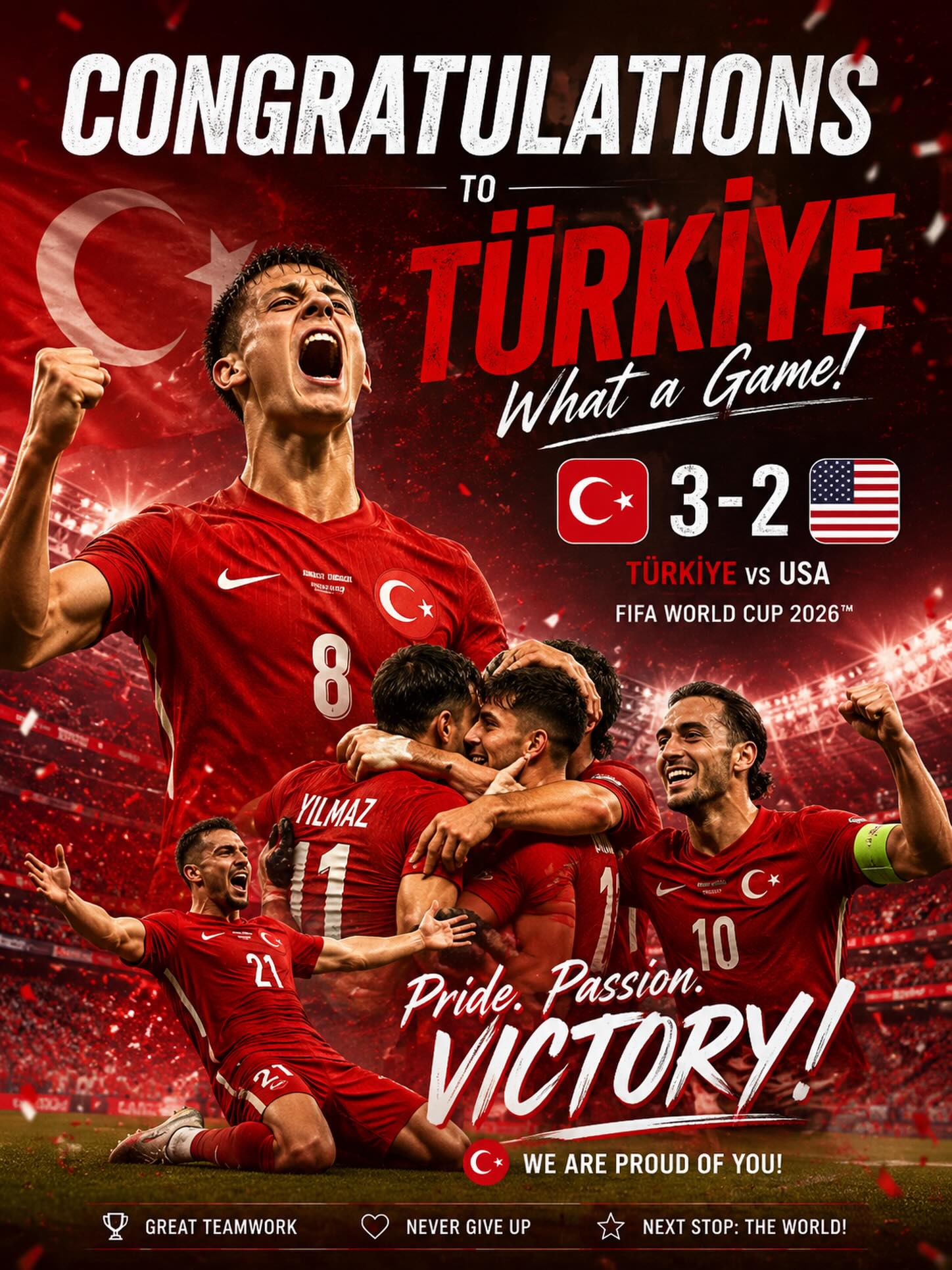 🇹🇷 What a Night for Türkiye! ❤️🤍
An unforgettable performance, incredible passion, and a well-deserved 3–2 victory over the USA! 👏⚽
Congratulations to the Turkish National Team for fighting until the final whistle and making every fan proud. The journey continues—keep believing! 🇹🇷🔥
💪 Tebrikler Türkiye!
❤️ Congratulations, Türkiye!
🏆 On to the next challenge!
#Türkiye #Turkey #WorldCup2026 #Victory #MilliTakım GalataSweets WeAre26 Football ProudMoment