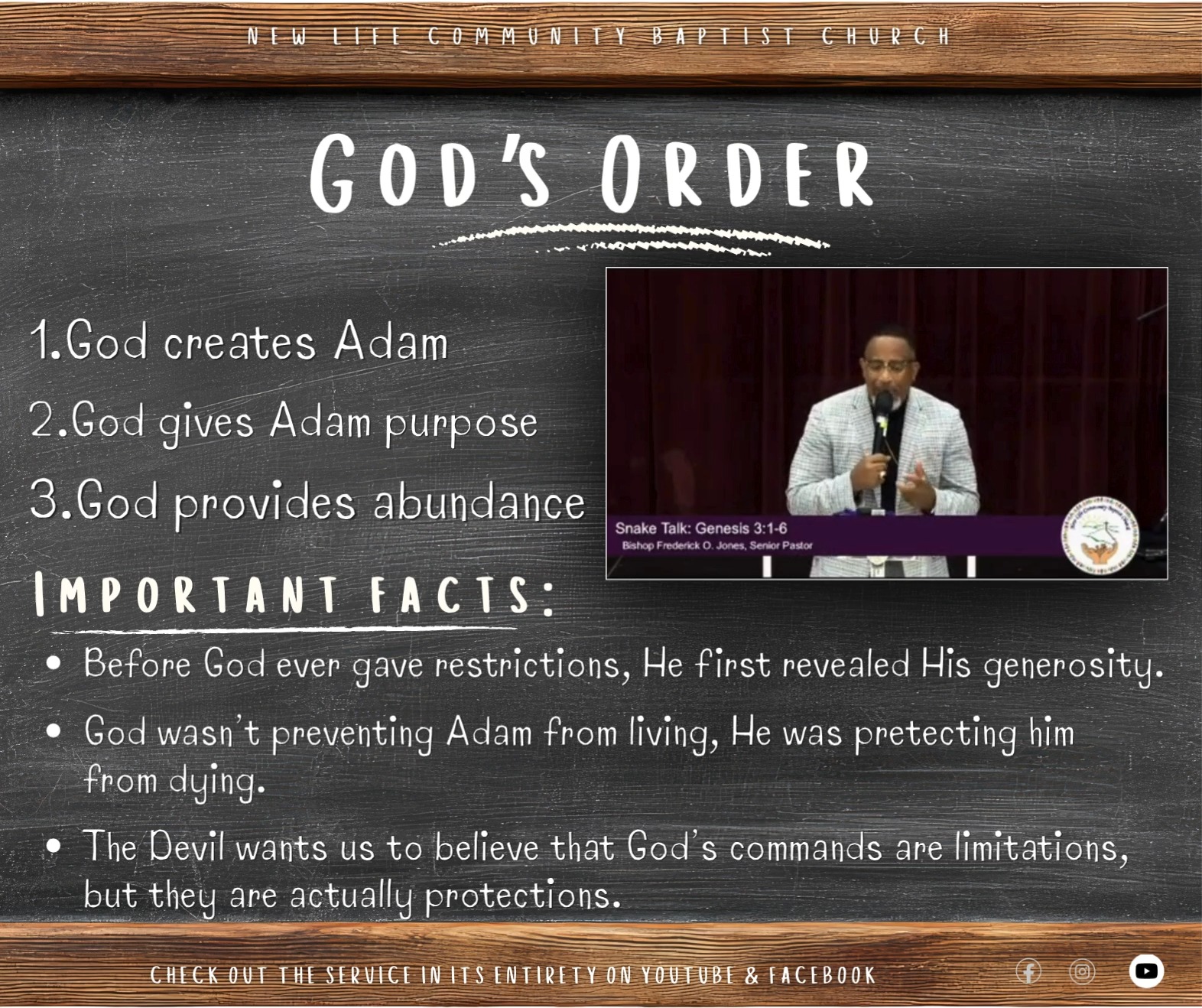 📖✨ God's order is never meant to limit you—it’s designed to protect, prepare, and position you for His best. When we trust His process, we discover that His purpose always comes with His provision. 🙌💙
#GodsOrder #SnakeTalk #TrustGod #GodsPurpose #FaithJourney #BiblicalTruth #SpiritualGrowth #NLCBC #BishopFrederickJones #KingdomLiving #FaithOverFear #SundayRecap 📖🙌✨🛡️💙