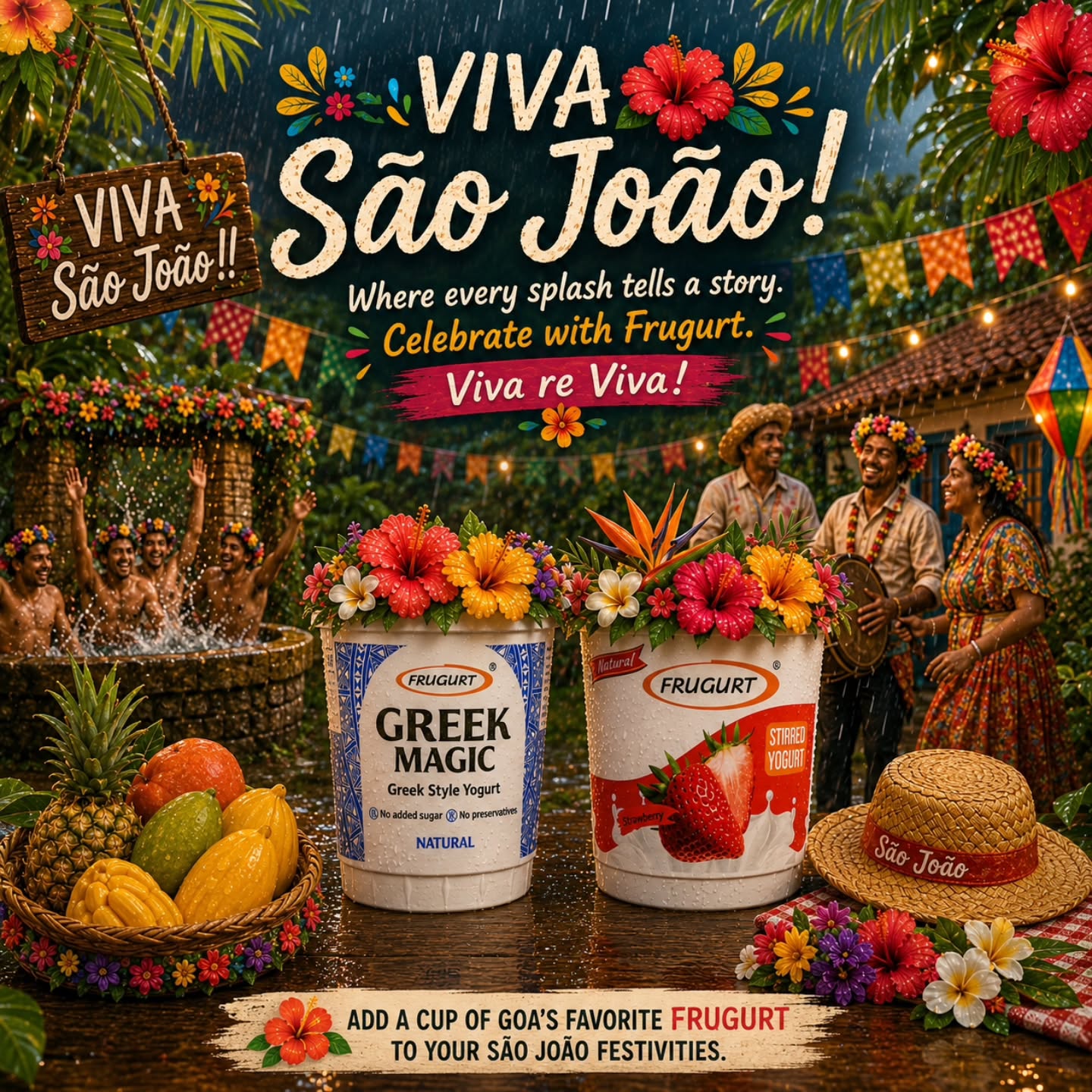 Long before São João became a day of music, laughter and celebration across Goa, it was a feast dedicated to St. John the Baptist — the saint who, according to tradition, leapt with joy before he was even born.
Over time, Goans made the celebration their own.
🪇 Every 24th June, as the monsoon breathes life into the countryside, villages come alive with colour and cheer. Young and old gather wearing beautiful coronets of seasonal flowers, carrying dalis filled with mangoes, pineapples, jackfruit and a bottle of Goan feni.🍍🥭🍉
To the rhythmic beat of the ghumot, friends, families, newlyweds and parents of newborn babies sing, dance and make their way to the village wells.
⛈️Then comes the moment everyone waits for — the joyful plunge into the cool monsoon waters, accompanied by the timeless cries of "Viva São João!" ⛈️
And if you truly want to celebrate São João the Goan way, you must be in the villages, where the spirit of the festival still lives in every song, every splash and every smile.🪇
This year, add a cup of Goa's favourite Frugurt to your São João festivities and celebrate the season with a little extra sweetness.
🍍 🌺 Viva re Viva! Viva São João! 🌺🪇🍍
#saojoaoingoa #vivasaojoao #Goa #frugurt
