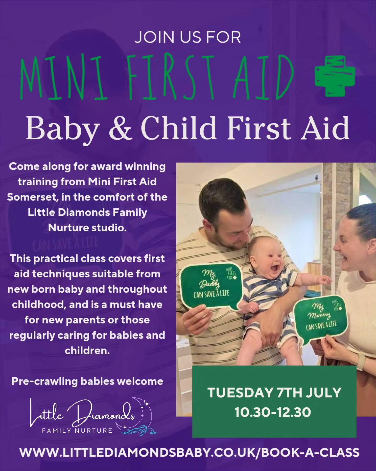 🩹 Mini First Aid - Baby & Child First Aid - July 7th 10.30am 🩹
Lead by the fabulous trainers at Mini First Aid Somerset, this 2-hour Baby & Child First Aid class covers CPR, Choking, Bumps, Burns, Breaks, Bleeding, Febrile Seizures and Meningitis & Sepsis Awareness and will give everyone who attends the peace of mind they deserve.
Mini First Aid partner with the First Aid Industry Body, Children’s Burns Trust, Meningitis Research Foundation & Sepsis Trust for the latest in medical research updates to support our teaching.
They have not only received awards for the quality of the classes but consistently get 5-star reviews.
This practical class covers first aid techniques suitable from new born baby and throughout childhood, and is a must have for new parents or those regularly caring for babies and children.
If you haven't done any first aid training in the last few years, it's highly recommend you do.
BOOK HERE:
https://bookwhen.com/littlediamonds/e/ev-smv0h-20260707103000
@minifirstaidsomerset