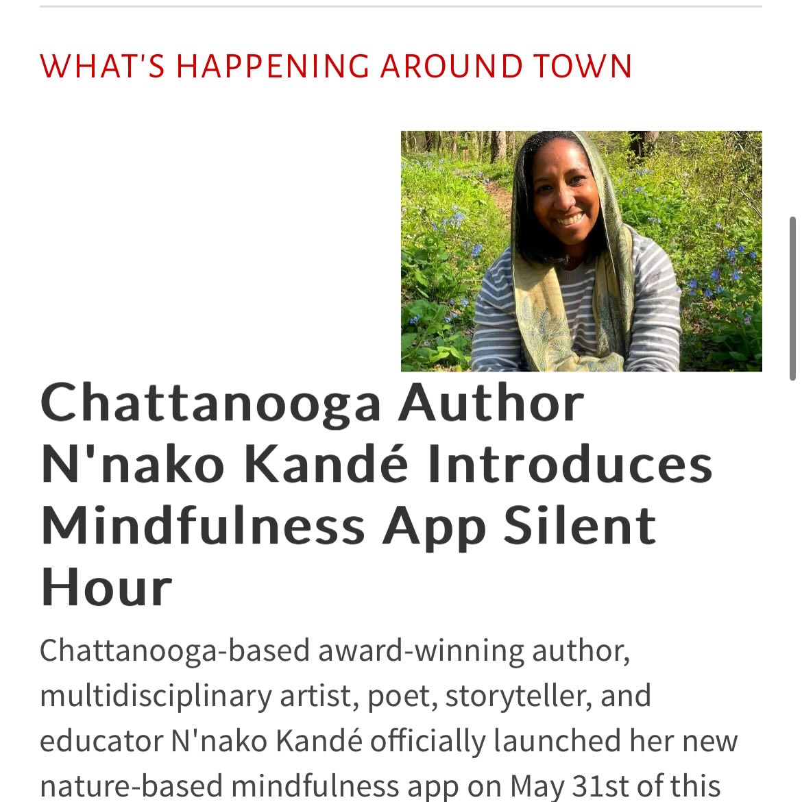As I prepare to celebrate America 250 with the city or Chattanooga and Democracy speaks inauguration of the Civic Poetry Pathway with Sunday at Renaissance park, it is quite an honor to be featured in The Pulse and share my Silent Hour app and the story behind its birth!
Thank you @chattanoogapulse, thank you @cityofchattanooga and to all of you who are rooting for me and downloading the app I pray will be a gift that keeps on giving!
I appreciate y’all so much!
~ N’nako Kandé, founder of the Silent Hour ™️Chattanooga, TN
#silenthournnako #pocintech #mindfulness