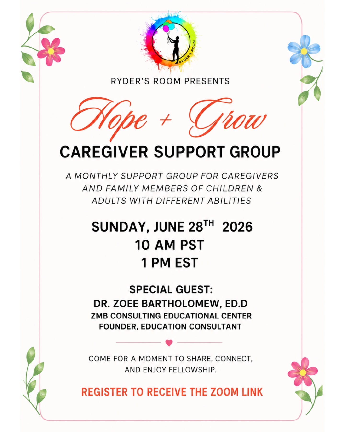 REMINDER! As the school year comes to a close for some families, now is a great time to prepare for the next step in your loved one's educational journey.
Join Ryder's Room on June 28, 2026, at 10:00 AM PST / 1:00 PM EST as special guest Dr. Zoee Bartholomew shares practical strategies for navigating IEPs, understanding accommodations vs. modifications, and becoming a stronger participant in your loved one's educational journey.
We hope you'll join us! Send your questions to info@rydersroominc.org.
Follow our guest:
Instagram: @insidetheiep | @drbehave
TikTok: @insidetheiep | @drbehave
š
June 28, 2026
ā° 10:00 AM PST | 1:00 PM EST
š» Zoom: https://us06web.zoom.us/meeting/register/sdt8vNYwT7-1AMIgugpFEg