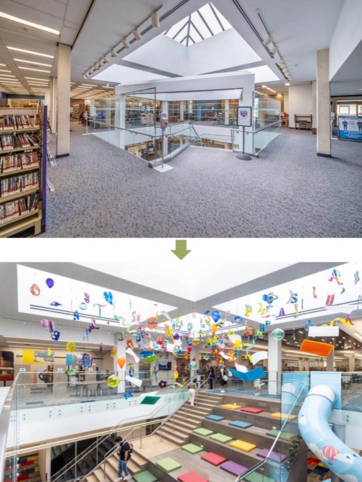 Post 2 of Three: Stair: From dark and disconnected to bright, active, and unforgettable.
Before & After: Garland Central Library
One of the most dramatic changes at Garland Central Library was the transformation of its interior core. The renovated connection from the ground floor to the children’s floor now serves as the visual and social heart of the building—anchored by a grand stair, playful color, community art, and open sightlines that connect multiple levels of activity.
What was once a fairly typical interior volume became a dynamic public space that invites movement, discovery, and interaction. It’s a moment that reflects the larger goals of the project: to create a library that feels energetic, welcoming, and distinctly Garland.
That transformation extends beyond aesthetics. By opening up the center of the building and improving visibility between spaces, the design helps staff better support users while creating a more intuitive and engaging experience for families, teens, and everyday visitors.
#LibraryTransformation #BeforeAndAfter #LibraryArchitecture #GarlandTX #InteriorDesign PublicLibraries CommunityDesign 720design
