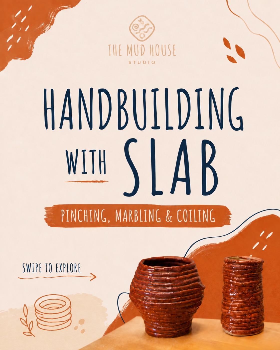 Not just wheel throwing — we’ve got more ways to play with clay.
Our handbuilding classes feature Pinching, Marbling, and Coiling — perfect for creating unique pieces with your hands.
Three fun techniques, endless possibilities.
Beginner? No problem.
Check our schedule and book your class.
Handbuilding with slab
Pinching
Marbling
Coiling