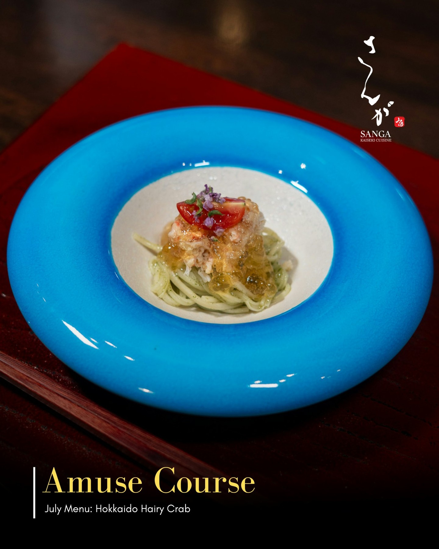 A delicate expression of summer. Kaiseki Sanga’s July amuse brings together silky Inaniwa udon, sweet Hokkaido hairy crab, vibrant tomato, and fragrant shiso. Perfectly crafted for a delightful experience this July. #KaisekiSanga