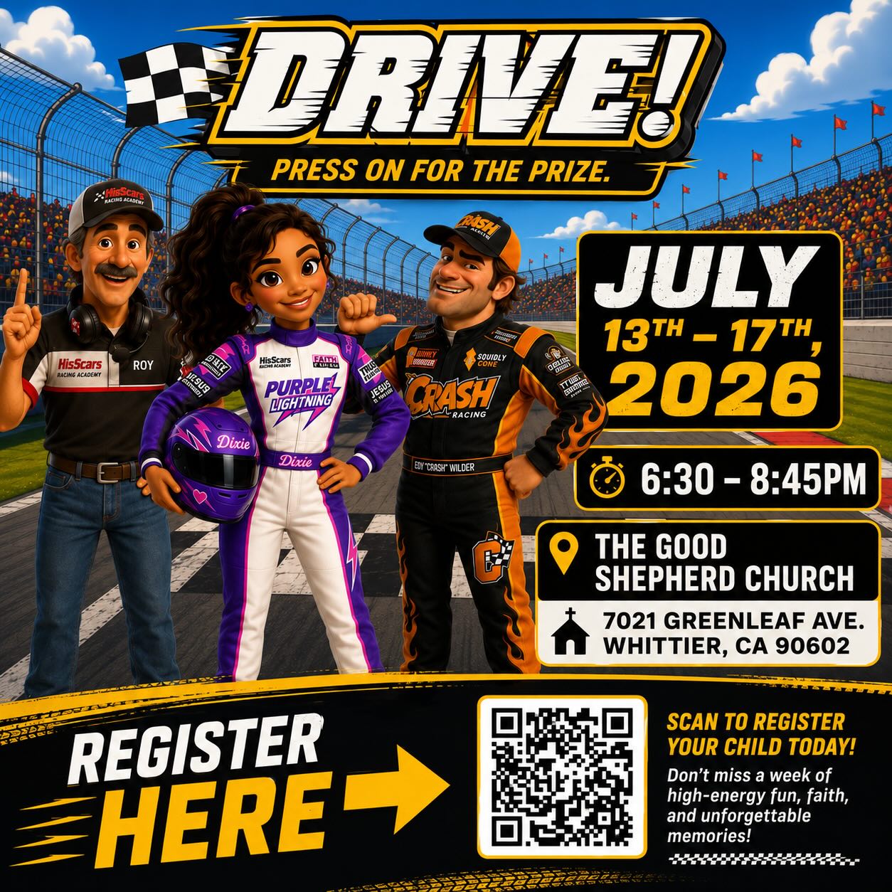 Start your engines and get ready for an unforgettable week at VBS!
Join us for DRIVE!: Press On For The Prize as we race through God’s Word, discover His purpose for our lives, and what it means to keep our eyes on Jesus and finish the race strong! There will be exciting Bible lessons, worship & music, fun activities, snacks and games, and new friendships! And the best part? There is something for everyone! We offer classes for ALL AGES, from nursery through adults, so the whole family can be part of the fun.
Invite your friends, family, neighbors, and coworkers. we can’t wait to see you at the starting line!
Registration now available through the QR code listed or through the link in our bio!
