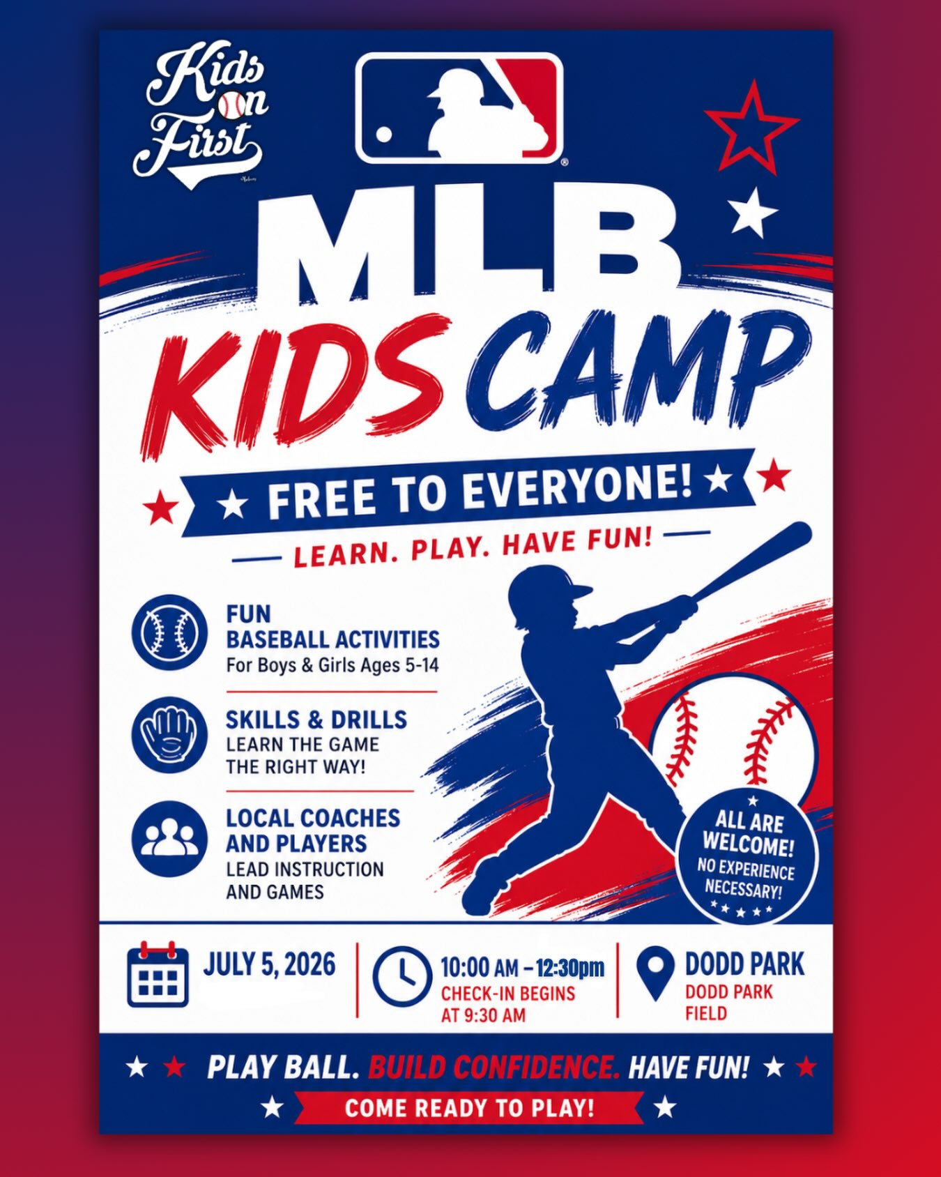 ⚾️ PLAY BALL with Kids on First! ⚾️
Join us this Sunday, July 5 for a FREE day of baseball, learning, and fun at Dodd Park!
Whether you’re picking up a glove for the first time or already love the game, this event is designed to help young athletes build skills, confidence, and a passion for baseball in a positive, welcoming environment.
📍 Dodd Park
📅 Sunday, July 5
🕙 10:00 AM – 3:00 PM
💲 FREE to attend!
Bring your glove, invite a friend, and come experience a day filled with instruction from local coaches and players, games, and unforgettable memories.
At Kids on First, we’re committed to making baseball accessible to every child and creating opportunities that inspire the next generation—on and off the field.
#KidsOnFirst #PlayBall #BaseballForAll #YouthBaseball #RichmondVA