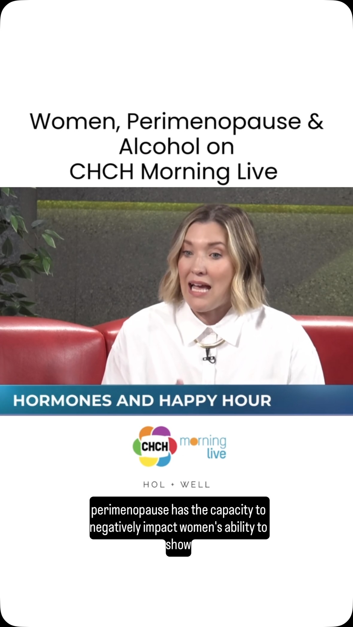 Last week, I had the pleasure of talking with @simonegavros on @chch_morninglive
discussing women, alcohol and perimenopause.
Women already have so much on their plates by the time perimenopause rolls around, often directly impacting their capacity to show up powerfully in their lives in the ways they’re used to.
Couple that with:
🥵 hot flashes
😴 difficulties sleeping
😢 mood fluctuations
🫠 brain fog
😤 irritability
changes in body shape and size
It can be a profoundly challenging time.
Of course women are looking for relief from the stress, overwhelm and symptoms. Many women report drinking more alcohol at this time in their lives to cope with the massive changes.
What we often don’t discuss though is how alcohol makes every symptom listed above work, specifically amplifying:
- poor sleep
- more anxiety and depression symptoms
- irritability
- mood fluctutations
- emotional dysregulation
What you are hoping will make you feel better (alcohol) *actually* makes you feel worse.
This isn’t about shaming or judging any woman’s choices when it comes to alcohol; we have been fed a lot of misinformation when it comes to alcohol. The point here is to have honest, real conversations, boost alcohol literacy and support women in making different choices that result in them feeling better, not worse.
Drop a 🔴 in the comments if you’d like me to send you the full segment! In it, we also discuss a simple way to learn more about whether alcohol is negatively impacting your perimenopause symptoms.
And I’d love to hear from those willing to share: how has your relationship with alcohol shifted as you enter your perimenopause era?
Simone - it was so lovely to meet and connect with you. Huge congrats on your new co-anchor gig! If our interview was any indicator, you’re off to an incredible start.
Thank you for having me, CHCH! It’s always a pleasure!
.
.
.
#perimenopausehealth #perimenopause #sobercoach #sobercurious #womenshealth