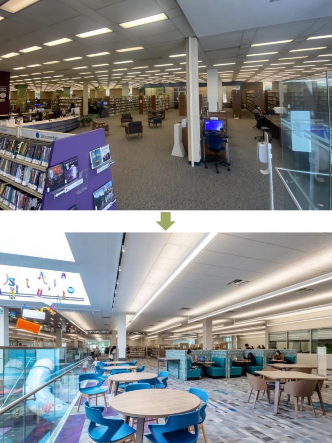 Post 3 of Three: Space Planning: Library experience starts with rethinking how the community, staff, technology, and materials flow through the building.
Before & After: Garland Central Library
The “after” spaces at Garland Central Library reflect a complete reimagining of the user experience. The renovation created a more open, flexible, and welcoming library with a new children’s area, makerspace, AV space, upgraded multipurpose rooms, workforce development, high and low tech makers spaces, distinct zones for different users, and a stronger connection between indoor activity and outdoor public space.
The result is a library designed not just to house collections, but to support learning, creativity, community gathering, businesses and community partners as well as everyday use in new ways. From family-focused destinations to flexible spaces for programs and events, every part of the project was shaped around how Garland residents use their library now—and how they’ll use it in the future.
Seeing the before and after side by side is a reminder that renovation can be transformational when it’s grounded in community impact!
#GarlandCentralLibrary #BeforeAndAfter #LibraryRenovation #LibraryInteriors #CommunitySpaces LibraryPlanning PublicSpaceDesign 720design