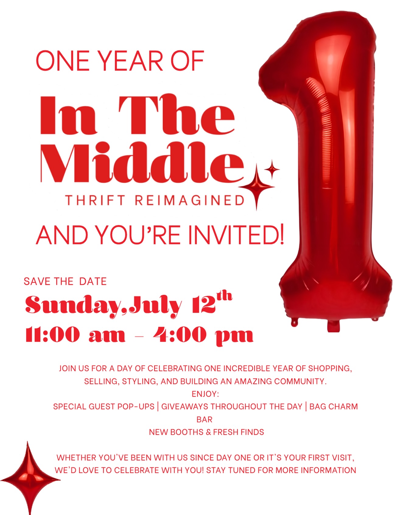 🎉 We’re turning ONE! 🎉
Almost one year ago, In The Middle: Thrift Reimagined opened its doors, and what a year it has been!
Save the date: Saturday, July 12th from 11:00 AM until close as we celebrate with special guest pop-ups, giveaways, a bag charm bar, fresh booths, and so much more!
✨ Save the date, invite your friends, and come celebrate with us.
Stay tuned… we have even more surprises to announce! 🎈
.
.
📍 5333 Menaul Blvd NE | ABQ
M-S 11-6:30 | Sun 11-6
.
#albuquerquethrift #albuquerquethrifting #abqthrift #abqconsignment #inthemiddletr