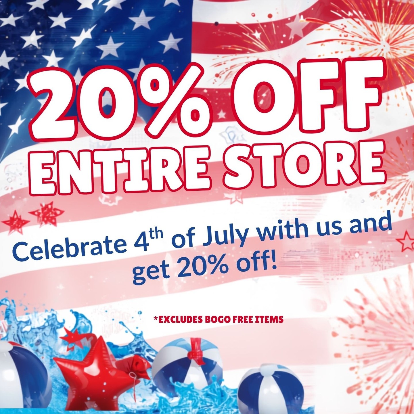 Come see us to prepare for your 4th of July pool parties!
We will be closed on Friday, July 3rd Saturday, July 4th. The sale goes from now until Thursday at 5PM!
We will see you soon