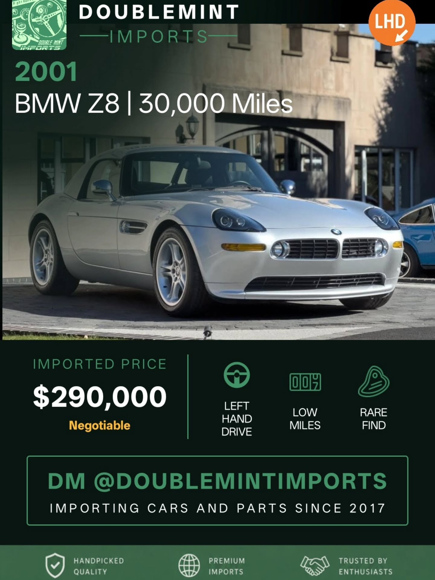 Now available:
2001 BMW Z8 | 30,000 Miles
📍 Mileage: 30100
Designed to evoke and celebrate the BMW 507 from the 1950s. Only 5703 of this prestigious machine were produced and 3182 in Titanium Silver. The Z8 was an elegant roadster famously used in James Bond, The World Is Not Enough and has a unique style and classic sports car looks.The Z8 had all the right ingredients, retro looks, aluminium bodywork, 4941cc M5 V8 engine producing 394bhp and interesting enough was also BMWs first M power V8.Presented for sale a low mileage 2001 Z8 Finished in Titanium Silver with Black Electric Leather Seats, Satellite Navigation, 10-Speaker Stereo, Xenons, Anthracite Headlining, Air-Con, Factory Hard Top Roof and Iconic Motorola flip phone.This stunning example is available now at Kaaimans International, The Home of Iconic Automobiles.Call for further details-Exceptional Condition-The BMW Z8 - The modern collectors car In 1993 Eberhard von Kuenheim, the director of BMW at the time, was having a retirement business trip to St Tropez with the rest of the board of directors. Each of the board members had brought different models of BMW that he oversaw the production of as his time as the director of the board. One of the other directors brought the BMW 507, the stunning roadster from the 1950s. Everyone fell in love with the roadster, they all preferred its looks and driving style over the rest of the cars that were there. So they decided to make a new one and the BMW Z8 was born. The car features a 4.9 litre V8 from the BMW M5 which is producing near 400bhp and will propel the Z8 from 0-60 in 4.5 seconds. The car comes with a 6 speed manual gearbox, a limited slip differential, 50/50 weight distribution due to the engine sitting..MORE INFO
💰 Shipped Price (UK → NY): $295,000
✅ Includes ALL fees:
• USD conversion
• Shipping
• US Customs
• UK taxes
• Admin fees
⚡ Inventory moves FAST. Serious buyers only.
🔎 Want to search your own cars? Link in bio.
📩 DM us for full details, walkaround videos, shipping info, and availability.
🌐 Visit: www.doublemintimports.com
"A car is not just transport, it’s an experience."
#bmw #bmwz8 #bimmernation #richtoys