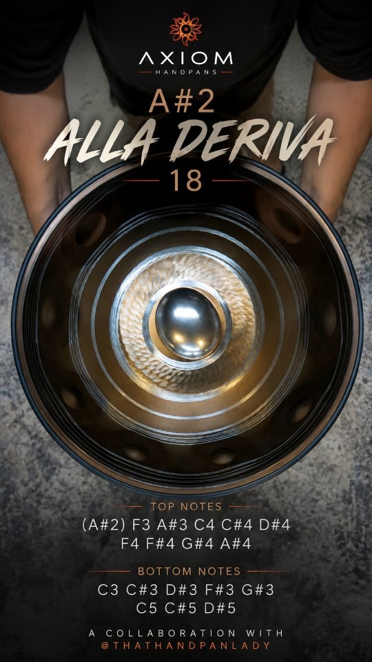 Have you ever come across this handpan scale before?
(A#2) F3 A#3 C4 C#4 D#4 F4 F#4 G#4 A#4
To the best of my knowledge, this note layout has never before been adapted into a handpan scale.
This instrument was developed in collaboration with my friend Debbie from @ThatHandpanLady. If you enjoy her playing, you can also find her on YouTube at @ThatHandpanLady4510.
Debbie originally approached me with a unique collection of notes she'd been playing on the piano, wondering how they might translate to a handpan and what they might sound like.
Those notes became the foundation for this scale. From there, I developed the layout and adapted them into a playable handpan.
Since the idea for the scale started with Debbie, it only felt right that she should name it: Alla Deriva 😊
I'm proud to introduce the Axiom A#2 Alla Deriva 18.
Top: (A#2) F3 A#3 C4 C#4 D#4 F4 F#4 G#4 A#4
Bottom: C3 C#3 D#3 F#3 G#3 C5 C#5 D#5
I hope you enjoy it, and I'd love to hear what stands out to you.
#handpan #handpanmusic #handpancommunity #handpanplayer #axiomhandpans #instrumentmaker #percussion #ambientmusic #originalmusic