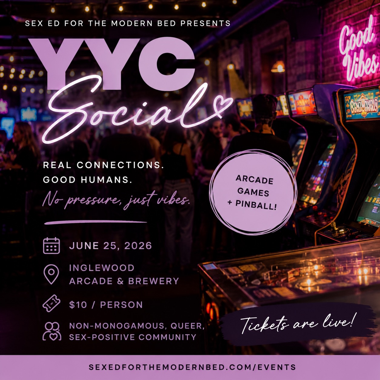 TOMORROW!!!
We’re taking over an Inglewood arcade & brewery for a full venue buyout. If you’ve been craving a space to meet new people, deepen connections, or just be around a community that feels open, welcoming, and a little bit playful…this is it.
There’s something about arcade games, shared drinks, and no-pressure conversation that makes it easier for people to relax, laugh, and actually connect in a real way. And that’s exactly what these nights are about.
🎮 What to expect:
• Pinball + retro arcade games (tokens available + a few on us)
• Cozy brewery vibes with plenty of space to mingle
• A warm, consent-forward, low-pressure community
• Solo folks, couples, and friends all welcome
If you’re coming this week, we can’t wait to see you.
If you’re still thinking about it… this is your sign 😉
🎟️ Inglewood arcade & brewery
📅 This Thursday @ 7pm
💜 Tickets required (exact address sent after payment)
https://www.sexedforthemodernbed.com/event-details/june-social-yyc-arcade-brewery-takeover
///
#YYCSocial #CalgaryCommunity #SexPositive #QueerCommunity #NonMonogamousCommunity ConsentCulture ArcadeNight YYCEvents FindYourPeople