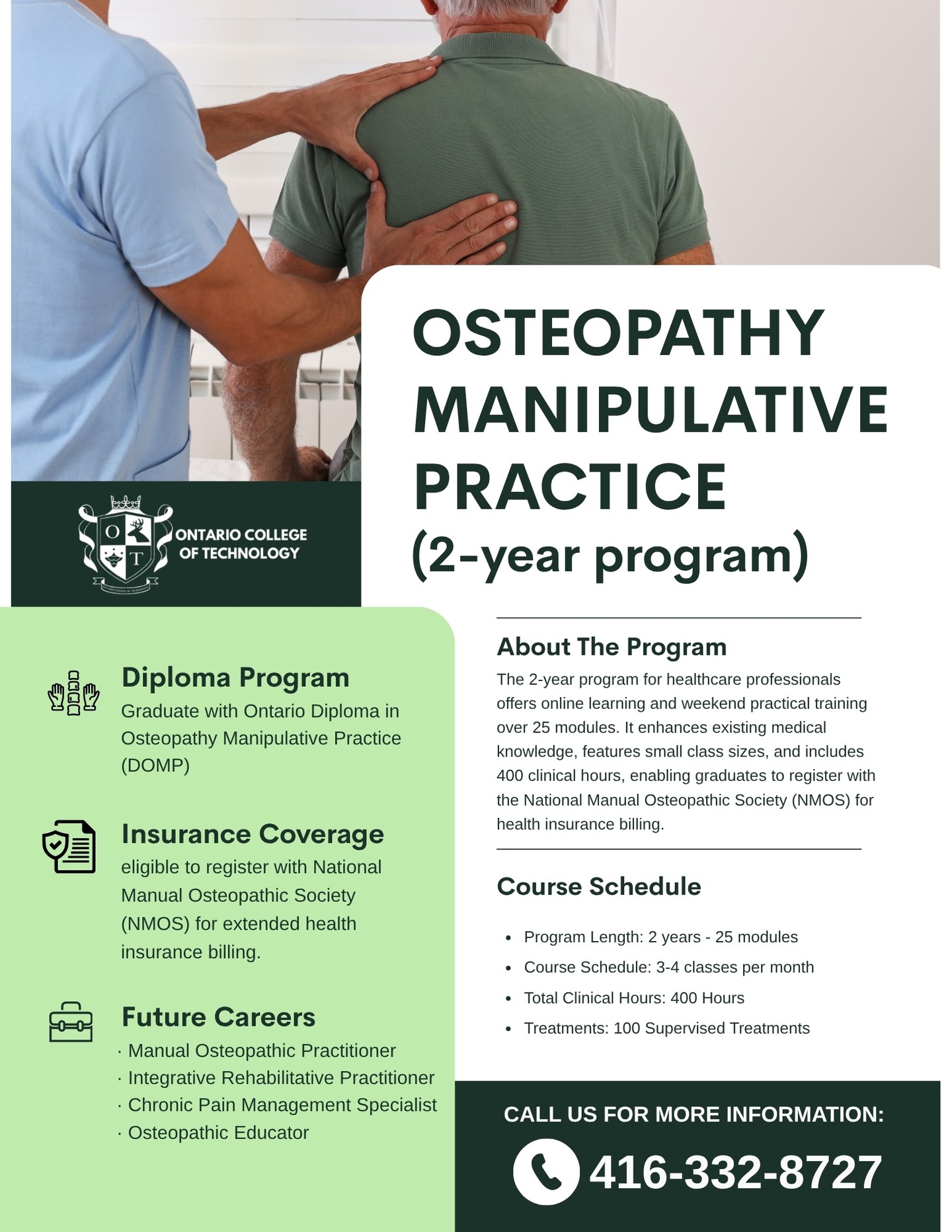 🚀 Ready to Elevate Your Healthcare Career? Are you a Registered Massage Therapist (RMT), Physiotherapist, or Chiropractor in Ontario looking to expand your clinical skills and maximize your earning potential? 💼Level up with the 2-Year Diploma in Osteopathy Manipulative Practice (DOMP) at the Ontario College of Technology! 🎓Designed specifically for practicing healthcare professionals, our flexible, hybrid curriculum lets you earn your diploma without stepping away from your full-time practice. 🌟 Why OCOT’s DOMP Program? Flexible Learning: 25 comprehensive modules featuring online theory paired with practical weekend training sessions (3-4 classes per month). Full Insurance Recognition: Graduate fully eligible to register with the National Manual Osteopathic Society (NMOS) for extended health insurance billing. Hands-On Clinical Mastery: Gain real-world confidence with 400 total clinical hours, including 100 supervised practitioner treatments. Small Class Sizes: Benefit from an elite, personalized student-to-teacher ratio designed for academic excellence. 💼 Elite Career Pathways:Manual Osteopathic Practitioner (DOMP) Chronic Pain Management Specialist Integrative Rehabilitative Practitioner 🔥 Limited Seats Available for Our Upcoming Intake! ☎️ Call us for more details: 416-332-8727 #OCOT #Osteopathy #DOMP #ManualOsteopathy #RMTLife #TorontoRMT #MassageTherapy #Physiotherapy #Chiropractor #PainManagement #HealthcareCareers #TorontoEducation #ContinuingEducation #WellnessCentres #CareerGrowth