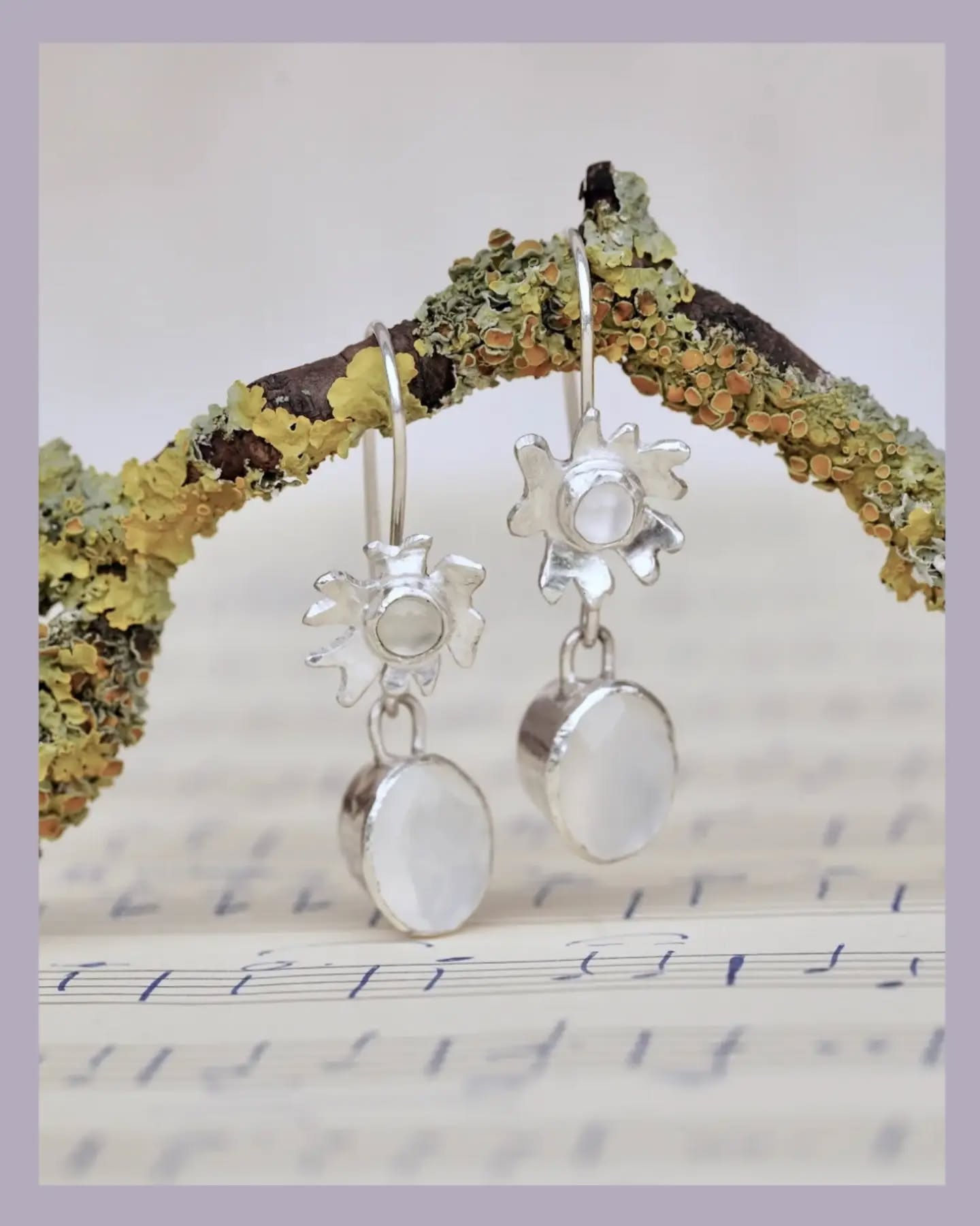 Today I'm sharing another new piece of lichen inspired jewellery with these sterling silver earrings. I chose moonstones for these earrings as they have the ethereal, other worldly feel that I was looking for. I love how they catch the light and look delicate and a little bit magical.
Would you wear them everyday or keep them for special occasions?