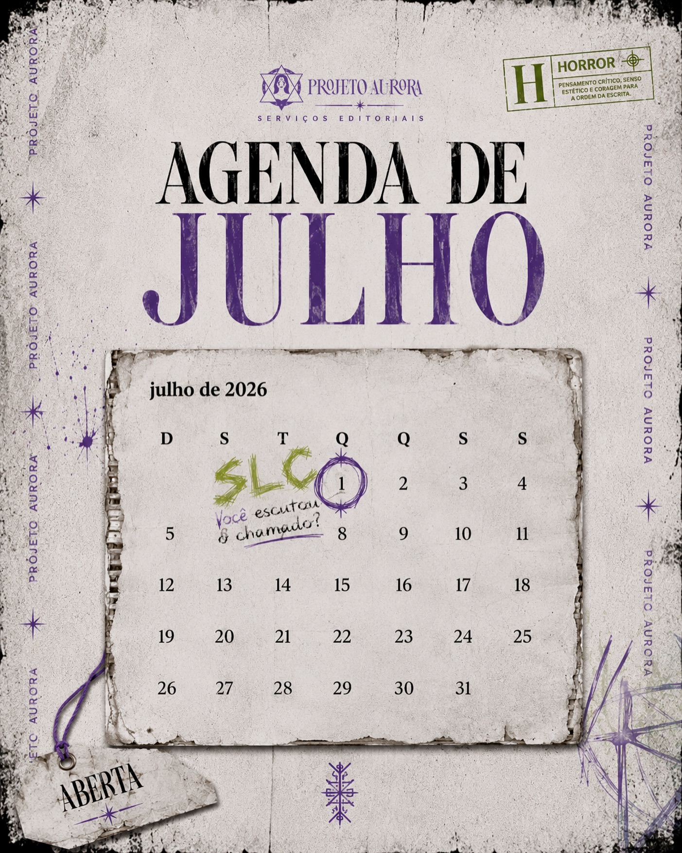 A lua já revelou o caminho... e a agenda de julho de serviços editoriais está aberta. ✨📖
Entre revisões, leituras críticas e novos projetos, um símbolo foi marcado no calendário. Um único dia. Um único presságio.
Quem conhece a magia do Projeto Aurora sabe: quando um dia recebe esse selo, algo importante está prestes a acontecer.
Fique de olho. Nem toda magia anuncia sua chegada em voz alta. 🖤
#autoresindependentes #serviçoseditoriais #leituracrítica