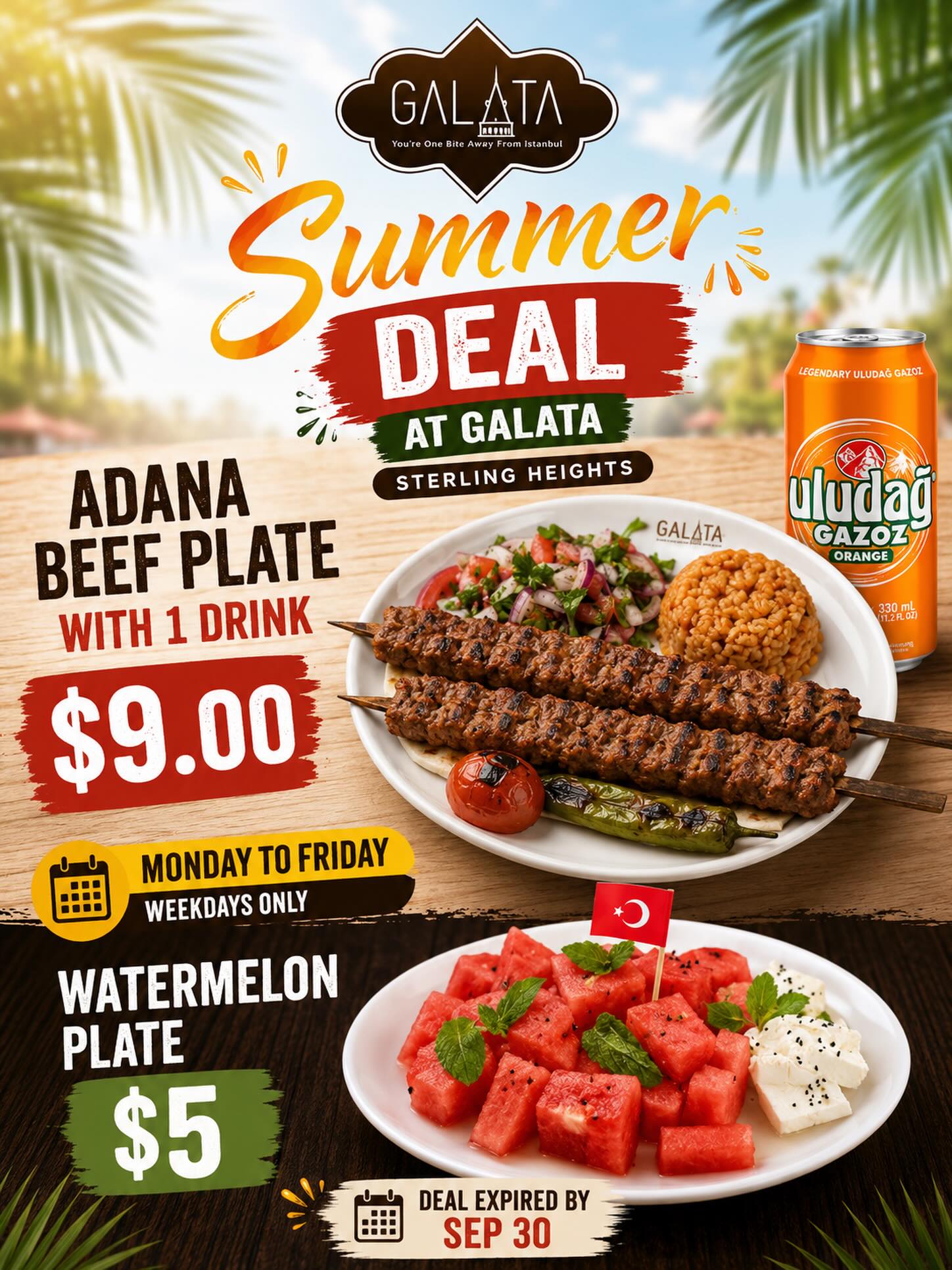 🌞 Sterling Heights Summer Deal! Adana Beef Plate + Drink only $9 & Watermelon Plate $5. Weekdays only. Offer ends Sept. 30. Galata Sweets