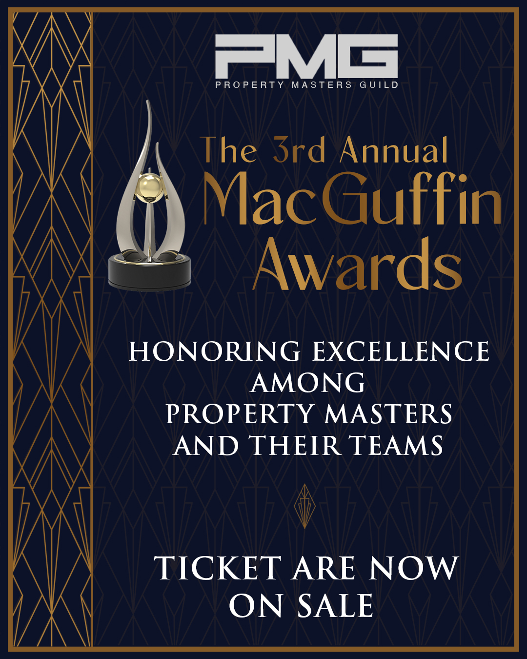 Tickets are now on sale for the 3rd annual MacGuffin Awards and you're invited!
The Property Masters Guild's MacGuffin Awards is the only award show to honor excellence among Property Masters and their teams in film, television, and commercials. This year we are excited to bring the event again to the iconic Paramount Theatre in Hollywood. The celebration is open to all those who work in the Property Department, at Prop Vendors, Shops, and to Industry Professionals who wish to celebrate with us.
Saturday, September 12th
6pm Cocktail Hour
7pm - 8:30pm Award Ceremony
8:30pm - 10pm Afterparty
Tickets include complimentary hors d'oeuvres, drinks (including the afterparty), and parking.
Following a cocktail hour, the Award Ceremony will take place in the Paramount Theatre. Seating will be theatre-style with open seating, first come - first served.
Ticket sales will close Sunday, August 30th.
We cannot wait to see you there!
Follow the link in our bio to purchase your tickets.