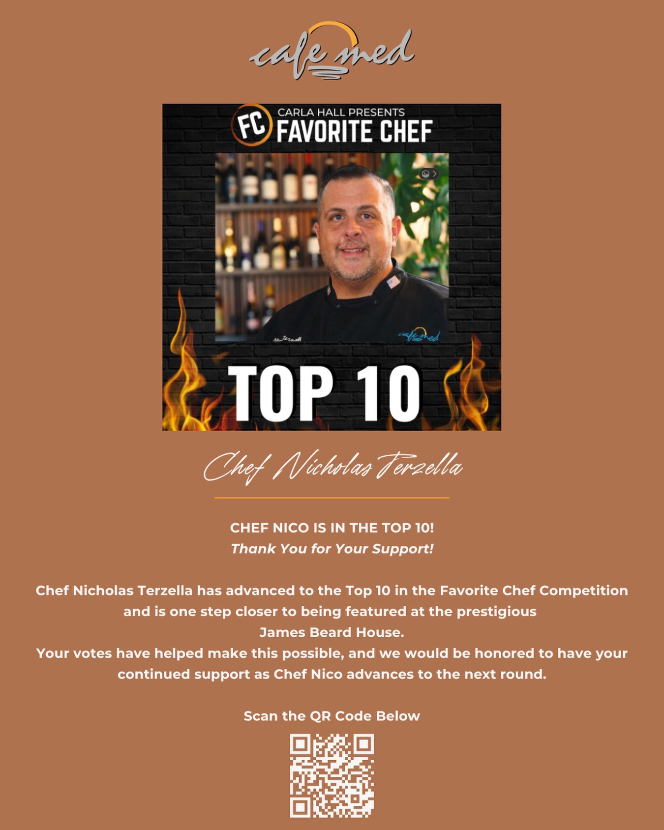 ✨Top 10… and getting closer every day! 👨🏻🍳
Congratulations to our own Chef Nico on advancing to the Top 10 in the Favorite Chef Competition!
This incredible achievement is a reflection of his passion, dedication, and the heart he brings to every dish served at Cafe Med.
Now we’re just one step closer, and your support can make all the difference.
If Chef Nico has ever made your dining experience memorable, we’d be truly grateful if you could take a moment to cast your vote and help him reach the next round.
Every vote brings him one step closer to the finish line, and to representing his talent on an even bigger stage.
Thank you for believing in Chef Nico and for supporting our Cafe Med family. ❤️
Vote today using the QR code or the link in our bio.
Let’s help bring Chef Nico all the way to the top!
