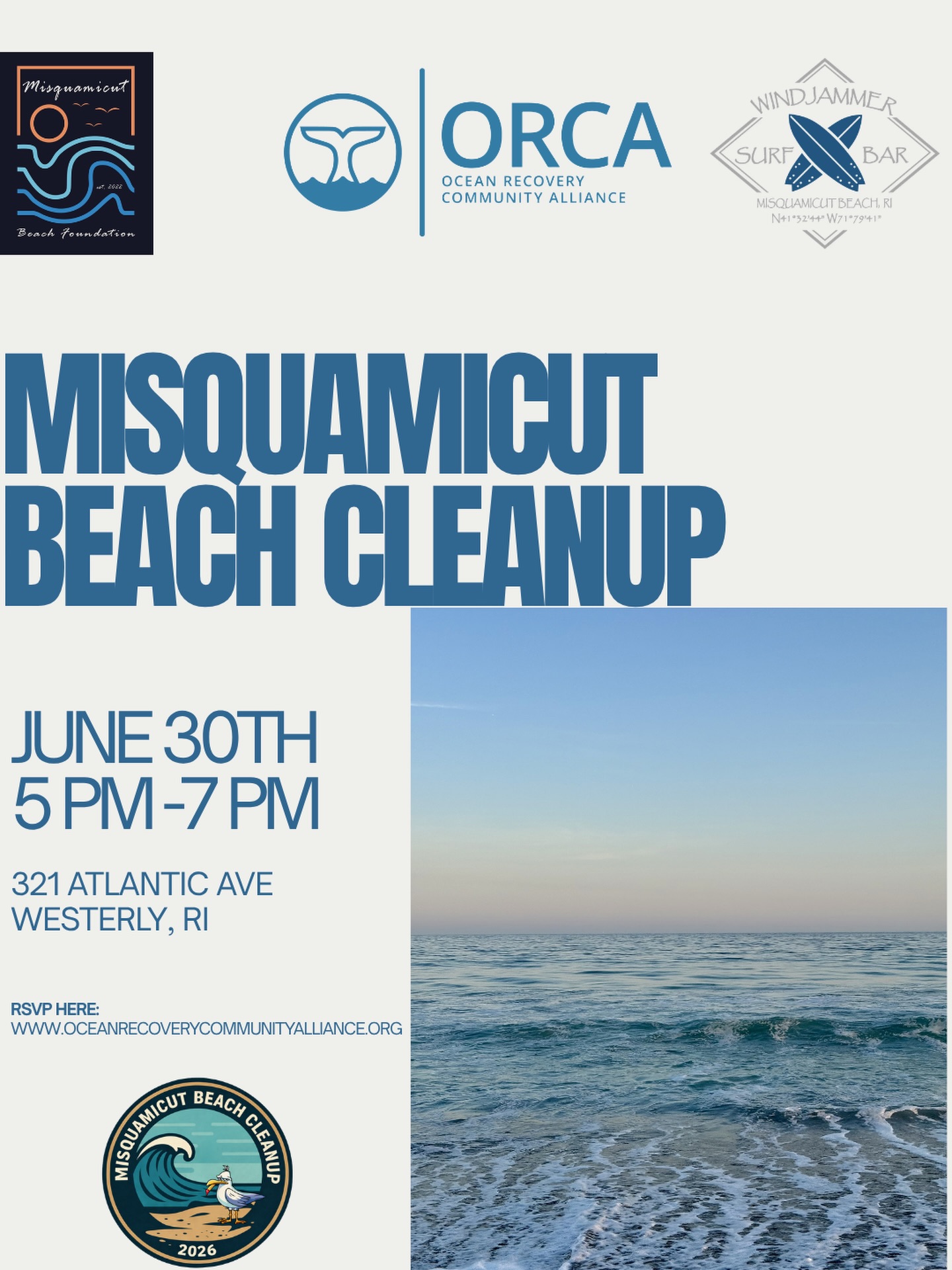 Tomorrow at the @windjammersurfbar with @misquamicutbeachfoundation cleanup starts at 5 PM. All cleanup supplies will be provided. RSVP at the link in our bio.