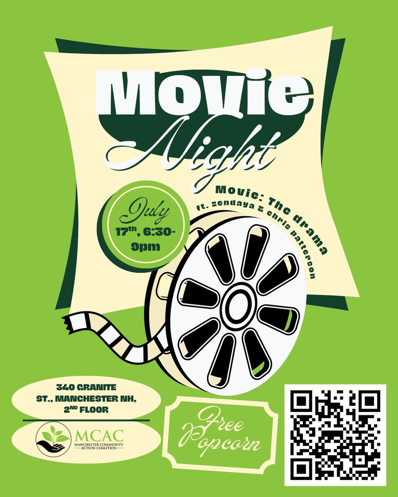 **Scan the QR code to register!**
We are hosting a Movie Night on July 17th featuring Zendaya and Chris Patterson in “The Drama”.
Pull up to the 2nd floor at 340 Granite St. from 6:30 PM - 9:00 PM for a good time and leave with a better understanding of important of honesty in relationships!
Scan the QR code to register!