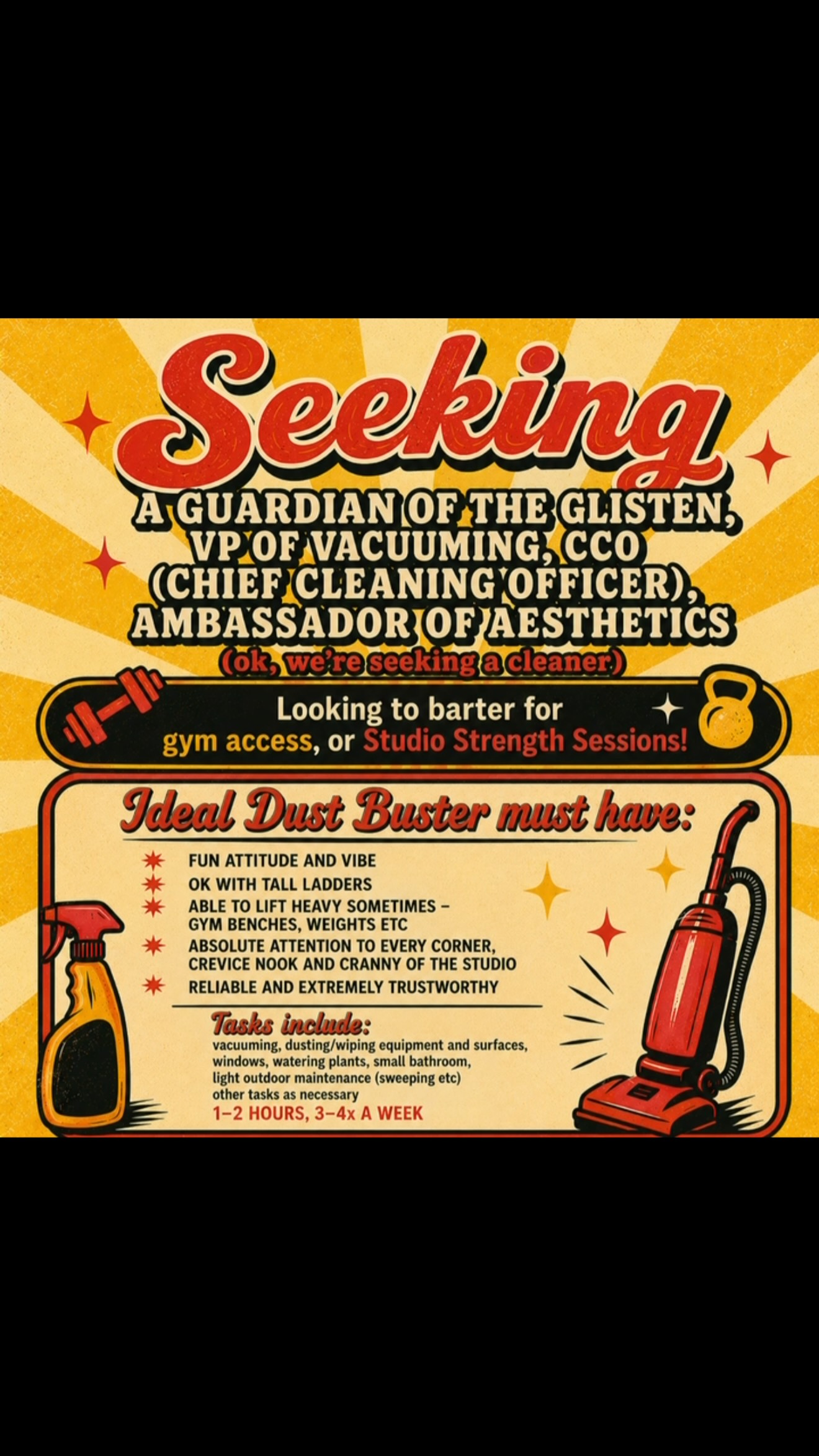 Looking for the first ever CCO of the Studio (chief cleaning officer) π If you or anyone you know wants to work in exchange for an awesome gym membership or Studio Strength Sessions this summer, please share! Email workout@thestudio-upstate.com or DM