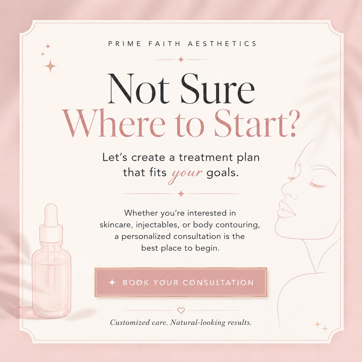 Not sure where to start with aesthetics?
That’s exactly what consultations are for.
Whether you’re interested in skincare, injectables, body contouring, or simply want to feel more confident in your skin, we’ll create a personalized treatment plan based on your goals, your comfort level, and what makes sense for you.
At Prime Faith Aesthetics, I’m here to help you understand your options so you can feel informed, comfortable, and excited about your next step.
Ready to create your custom treatment plan?
DM me “CONSULT” to book your consultation. 🤍
#primefaithaesthetics #dfwmedspa #dfwaesthetics #dfwinjector #dfwskincare