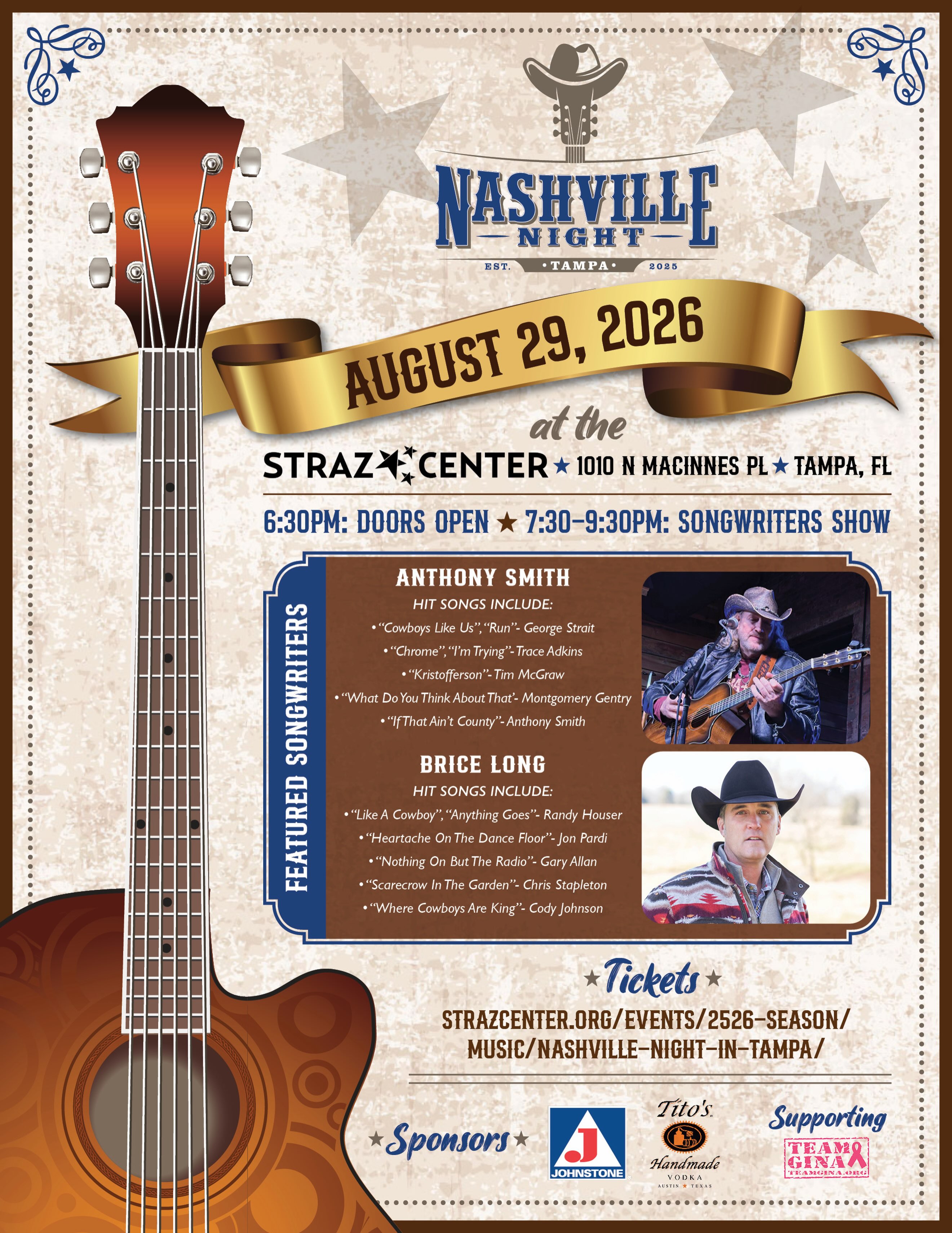 TAMPA, let’s do this! We can’t wait to be back at @strazcenter in August with two of Nashville’s best songwriters. Y’all, this is going to be awesome!
TICKETS go live on July 16th at 12 noon. Come join us for a special night!