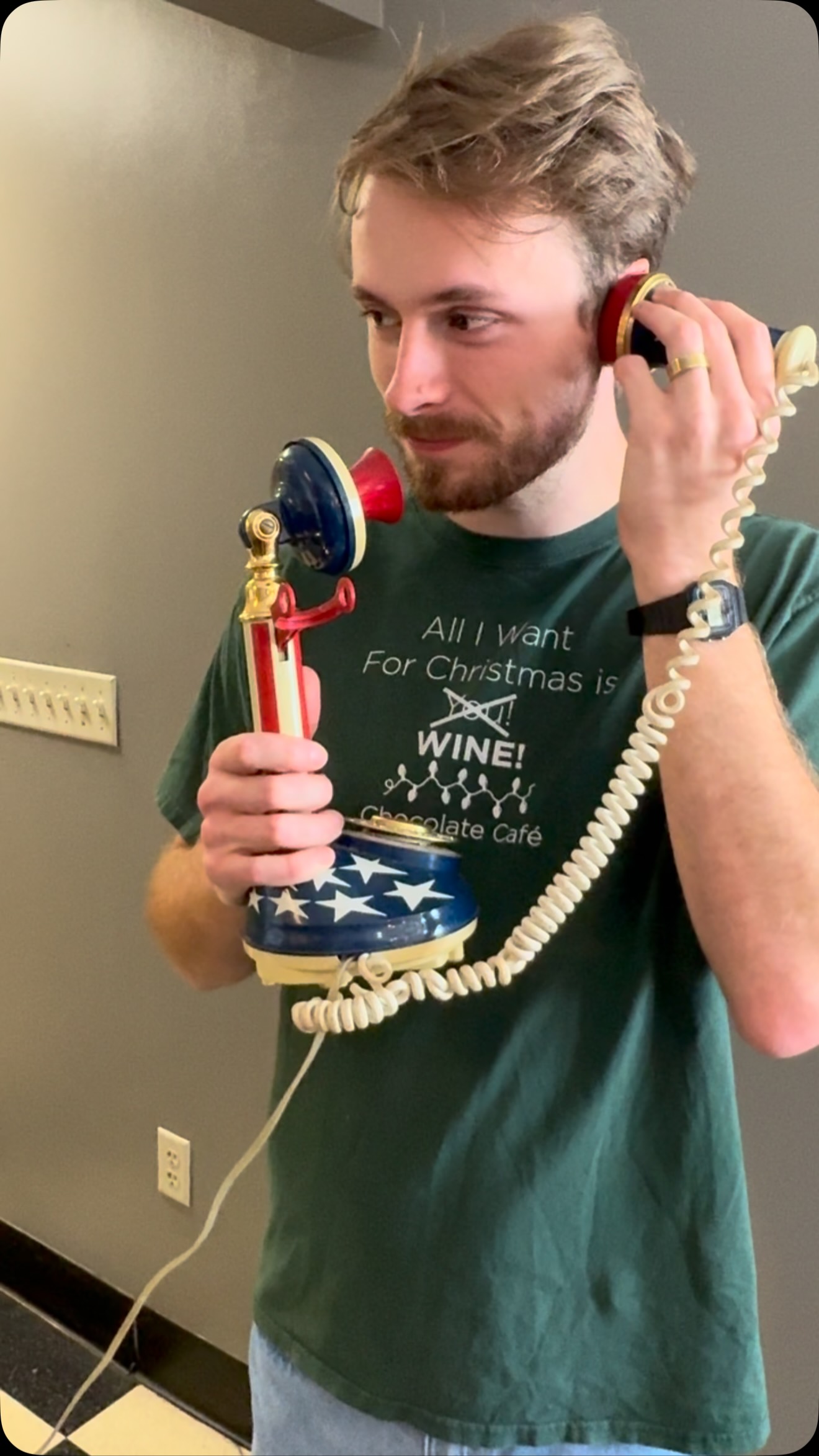 This Red, White & Blue Rotary Phone Still Works! But I had to explain to my staffers what a rotary phone is and how to use it…. 😂 #oldlady #rotaryphone #staffparty #fourthofjulyweekend🇺🇸