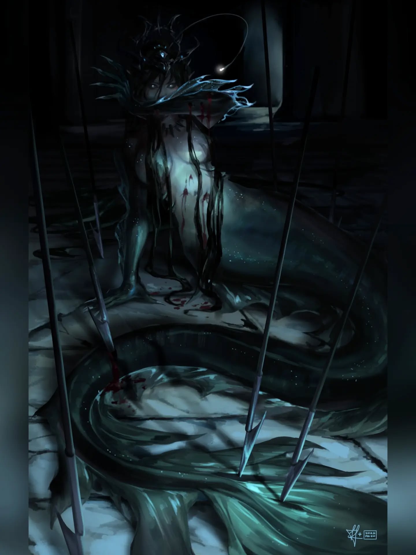 《 Hunter and Predator 》 ~ illustrated with photoshop + huion kamvas pro.
// . Hunt me, cut me, make me bleed. Draw me out of my depth so I can't fight back. Maim me, dissect me, call on your army to drown in my waters. Just remember, I was no monster until you poisoned this well. //
Imagery based on a dark dream I had. The dream itself actually had a violet hue to it, but this carries the feeling I had more accurately.
#darkfantasyartist #monstergirl #darkartist #fantasyillustrator