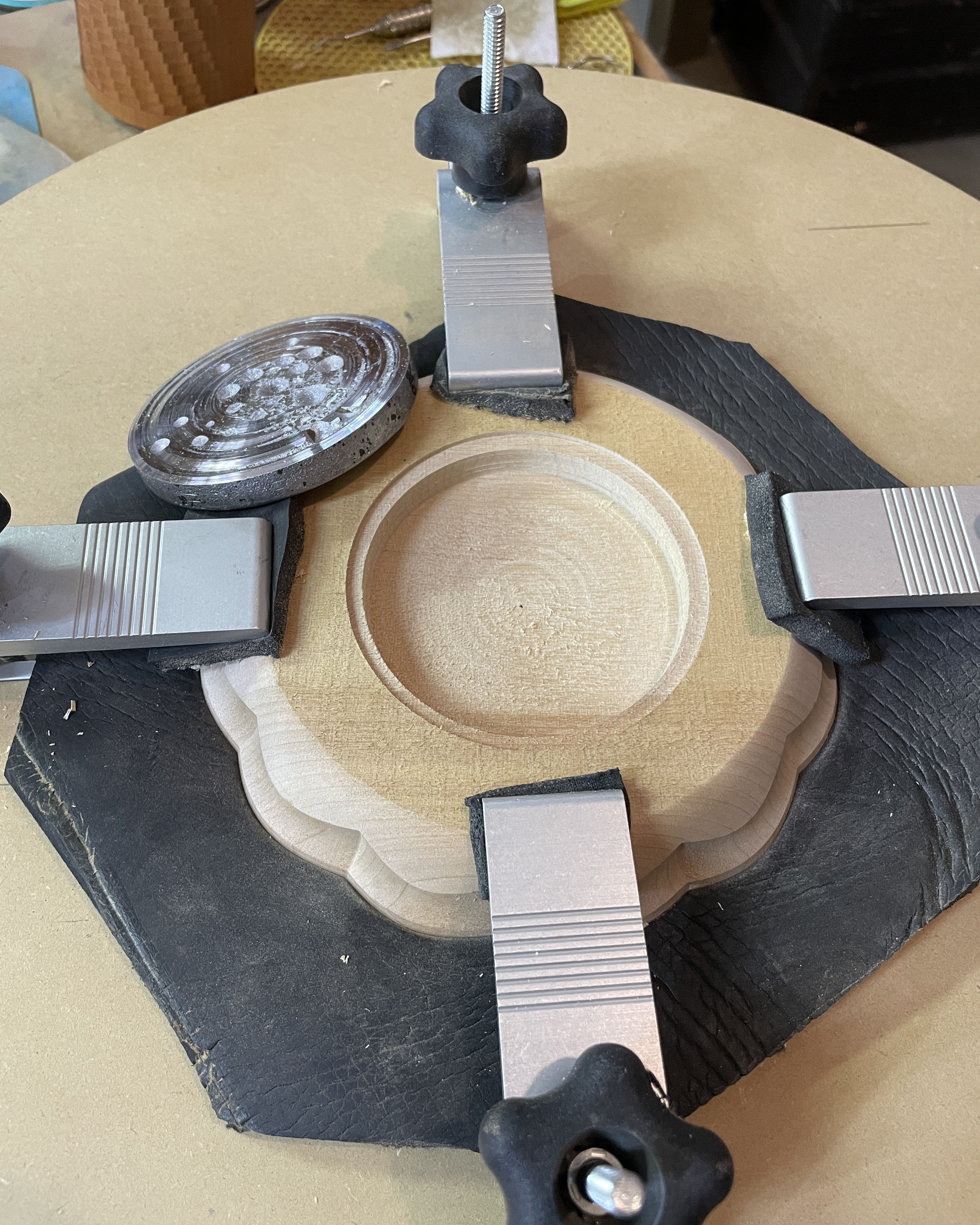 It's sometimes a challenge to chuck irregular pieces for mounting on the lathe. Even more so when you need to make changes to a finished piece. These are parts of a hat stand and after assembly we decided it needed some weight added. That required re mounting on the lathe to hollow a cavity for some poured lead and then to conceal it. Once completed and assembled it will all make sense, we hope.
darawoodworks.com
#woodhats #raffiahat