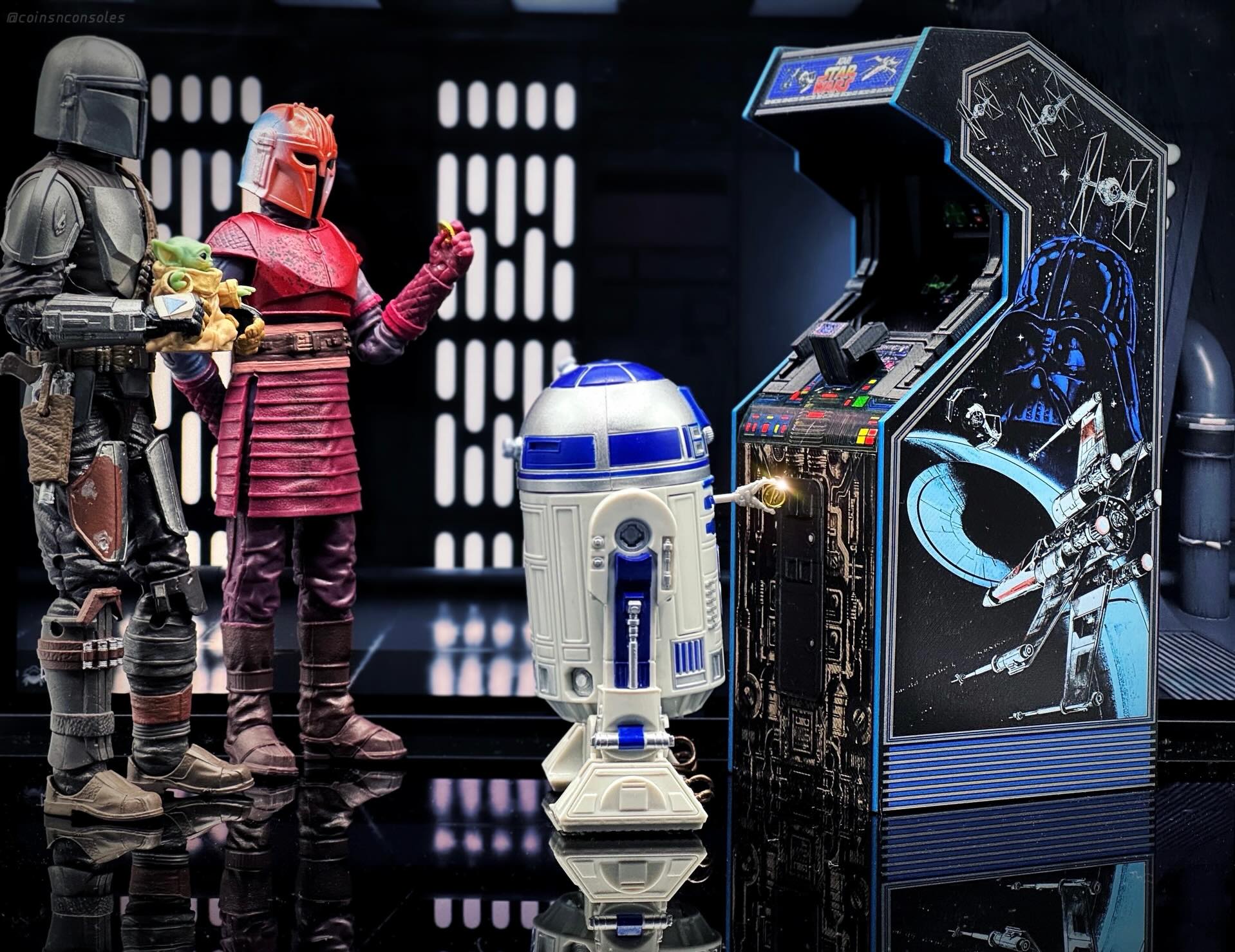 R2 has just finished maintenance on this classic Arcade cabinet, and is about to insert the first credit to start a High Score challenge between Mando, Grogu, and the Armorer! Who will prevail??
Looking for decorative mini Arcade cabinets for your game room or toy photography? Check out @bytesizedlegends for awesome 1:12 replicas!
———————
#starwarstoys #starwars #madalorian #arcadegames #toypiccommunity