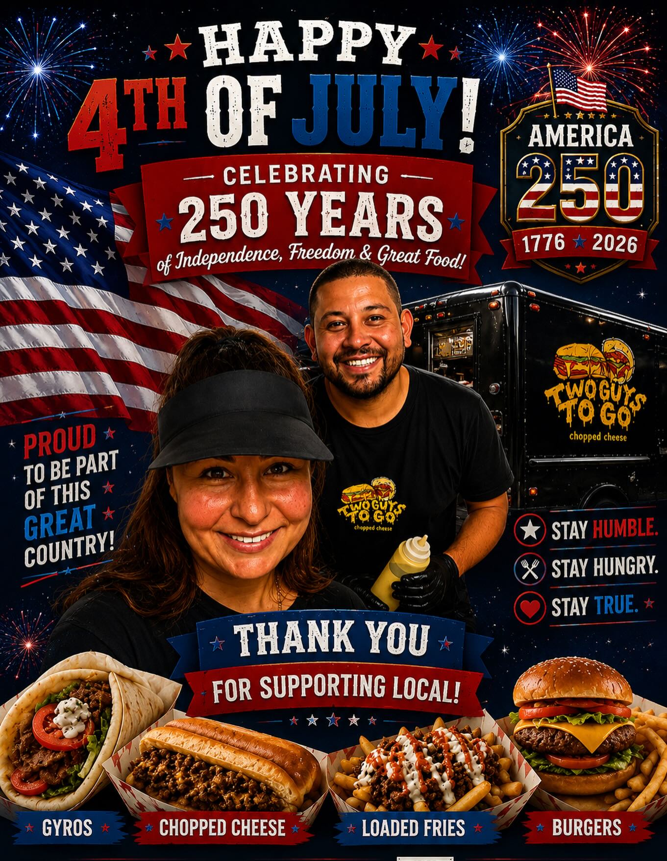 Happy 4th of July! 🇺🇸🎇
Celebrating 250 years of America. Thank you for supporting our family-owned food truck ❤️🍔
#4thofjuly #foodtruck #catering #twoguystogo