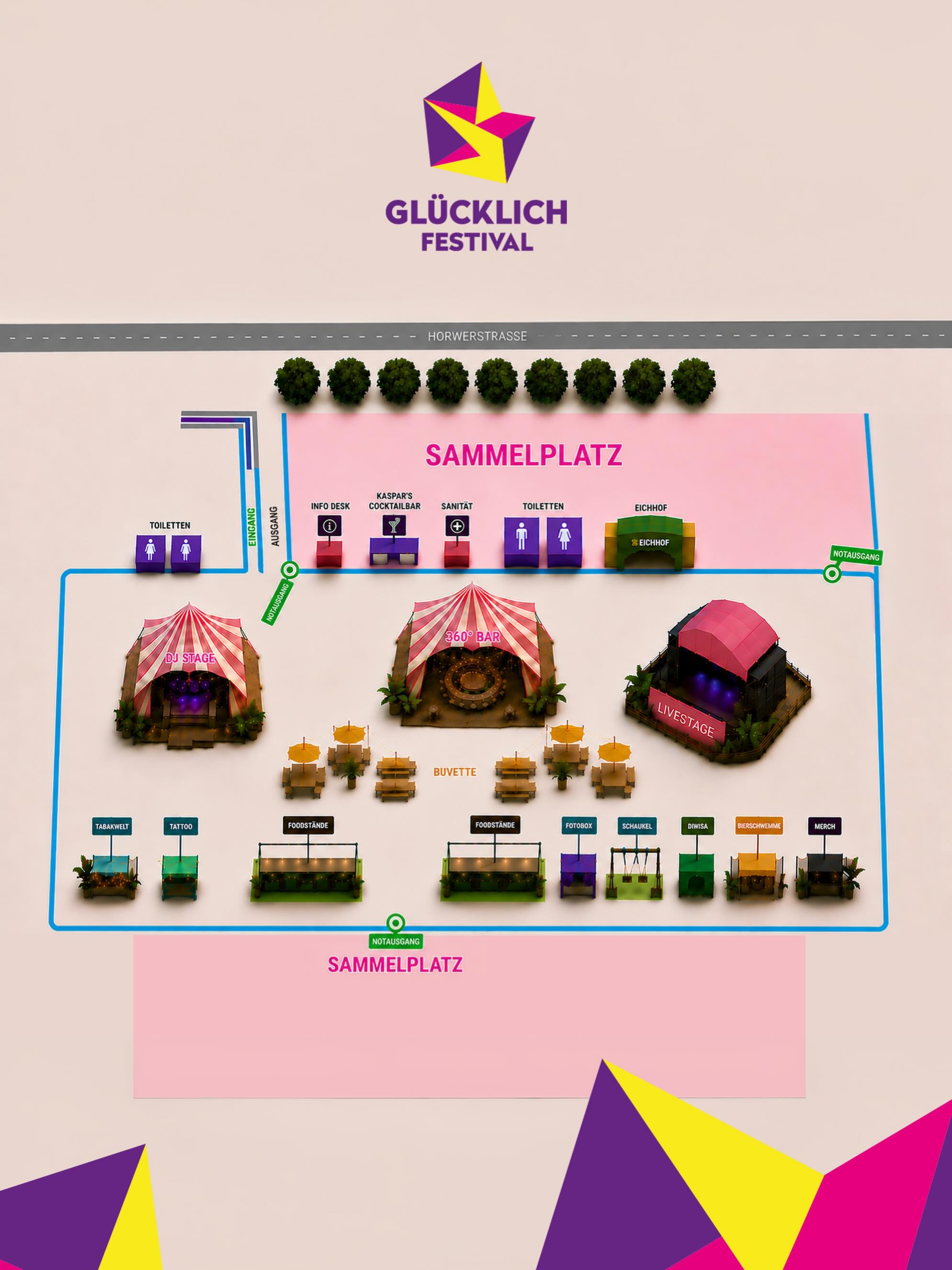Damit ihr euch vom ersten Moment an zurechtfindet, gibt’s hier unseren Festivalplan. 📍
Freut euch auf zwei Bühnen mit Live Acts und DJs, unsere 360° Bar, vielfältige Foodstände, erfrischende Drinks, eine Buvette mit Sitzgelegenheiten sowie spannende Erlebnisstände mit Tattoo, Fotobox, Merchandise und vielem mehr.
Wir freuen uns auf euch! 💜💛🩷
#GluecklichFestival #Luzern #FestivalSommer
