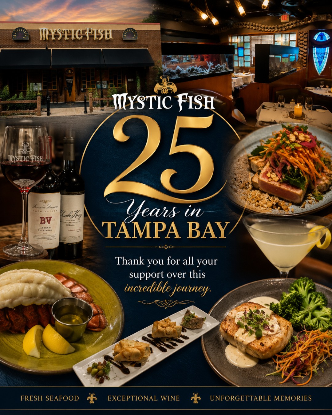 25 years of flavor, friendship, and unforgettable moments in Tampa Bay! Thank you for being part of our journey โ hereโs to many more delicious memories ahead. #MysticFish #TampaBayEats #25YearsStrong