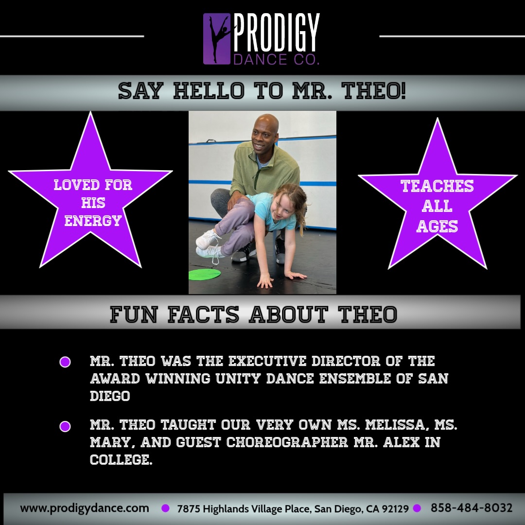 ✨TEACHER SPOTLIGHT - MR. THEO✨
We’re so grateful to have Mr. Theo on our team! His enthusiasm, kindness, and passion for teaching make every class a positive experience! He has a special gift for connecting with children of all ages and abilities, especially our dancers with special needs, helping each one feel confident, supported, and celebrated.
His loyalty, energy, and joyful spirit make our studio a better place every single day. Thank you for all that you do Mr. Theo, we’re so lucky to have you as part of the Prodigy family! 💜
Let’s show Mr. Theo some love!!