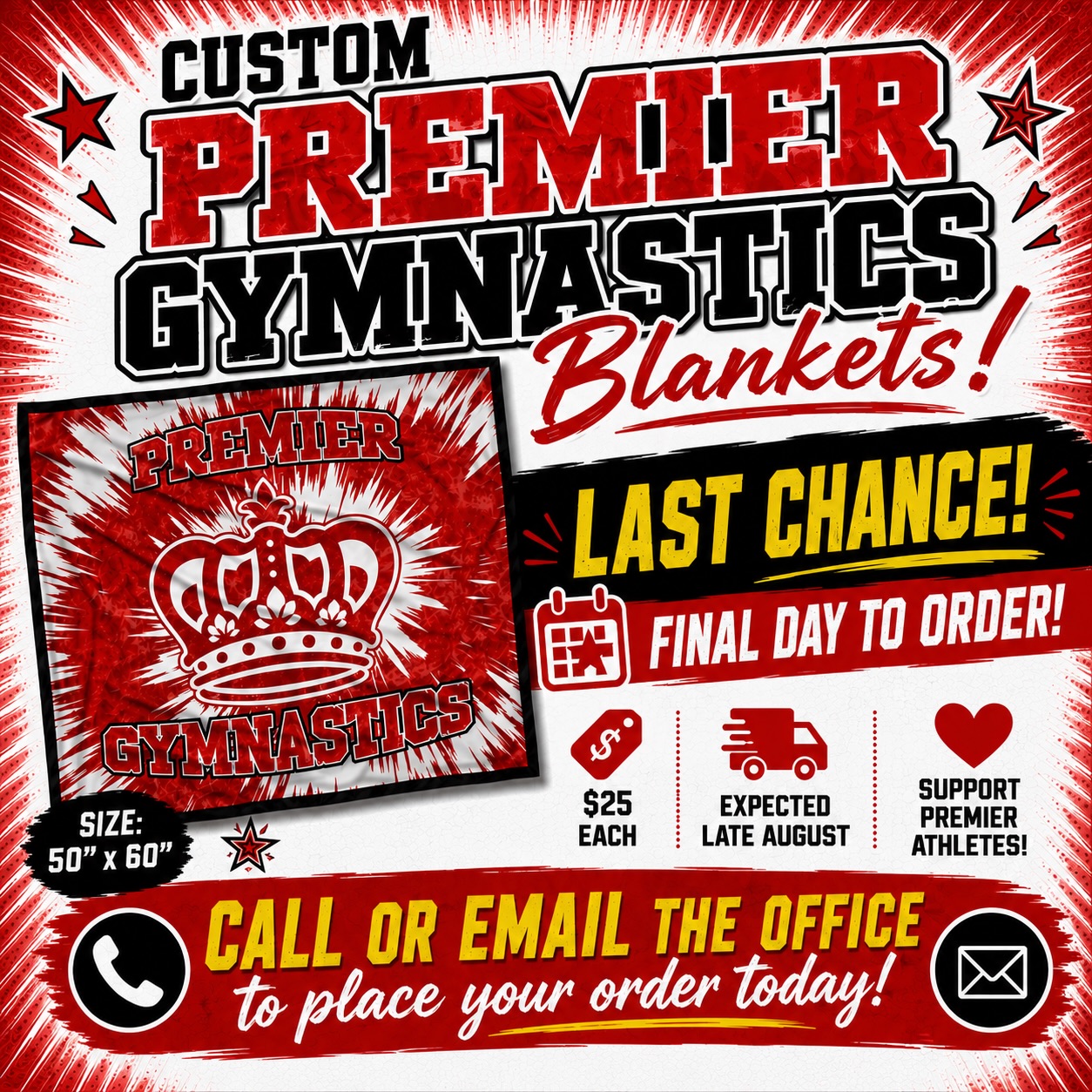 ❤️🤍 LAST CHANCE! ❤️🤍
Today is the FINAL day to order your custom Premier Gymnastics Blanket! 🎉
These cozy 50” x 60” blankets are perfect for meet weekends, traveling, cheering from the stands, or relaxing at home while showing your Premier pride! ❤️👑
✨ Only $25 each
📦 Expected arrival: Late August
❤️ Every purchase helps support our Premier athletes and end-of-season team events.
This fundraiser is open to ALL Premier families—recreational classes, preschool, pre-team, Xcel, compulsory, alumni, friends, and family are all welcome to order!
📞 Call or 📧 email the office to place your order before it’s too late!
Don’t miss your chance to grab yours! ❤️🤍