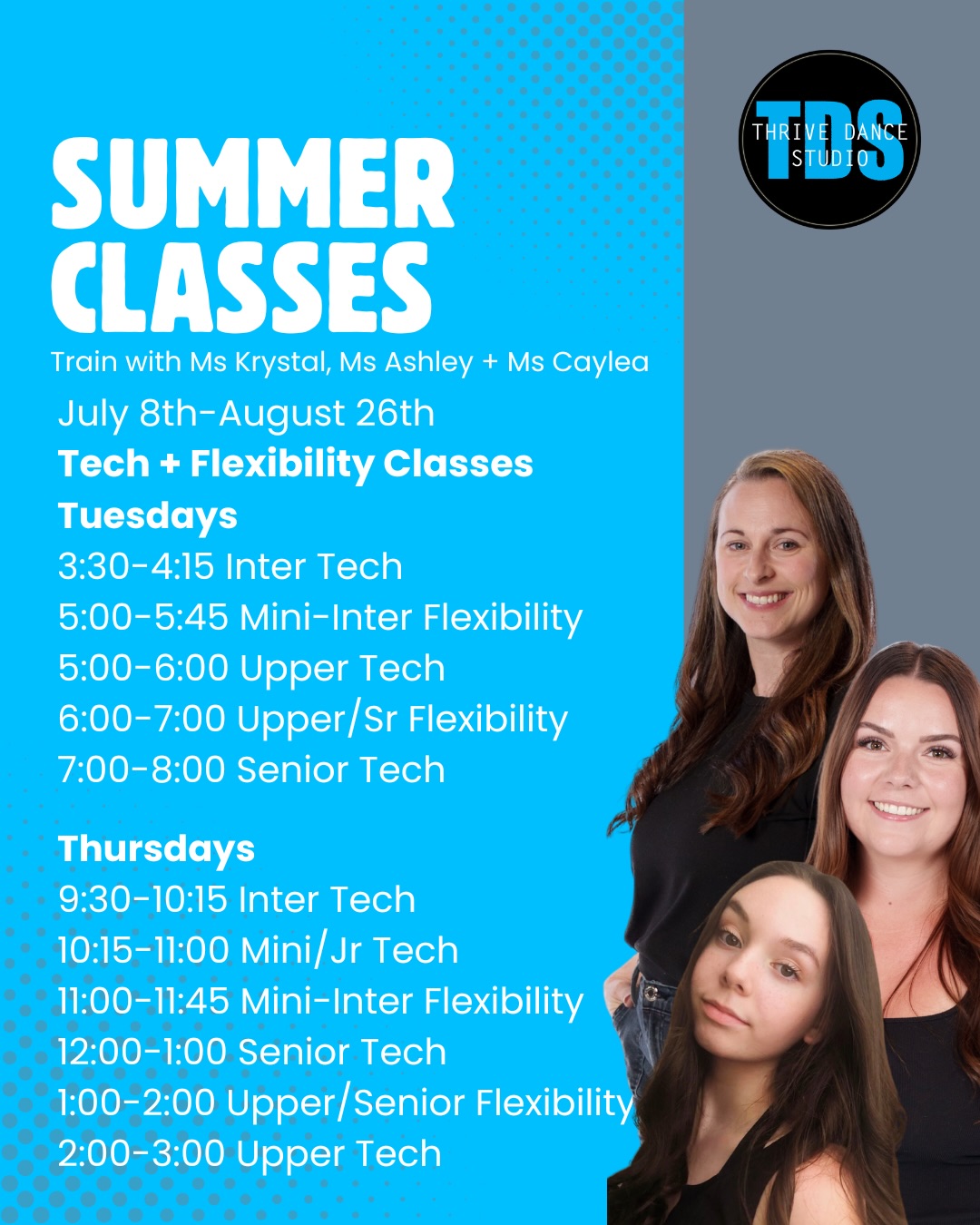 Train with the experts this summer ☀️
Each of our Summer Tech Classes is led by a teacher who is passionate about helping dancers grow in their specialty.
From ballet and flexibility to tumbling, acro, conditioning, jazz tech, and more—our faculty is excited to share their knowledge and help dancers make meaningful progress all summer long.
Choose the classes that fit your goals and keep moving forward.
Get your punch pass 💪 and see the progress ⬆️